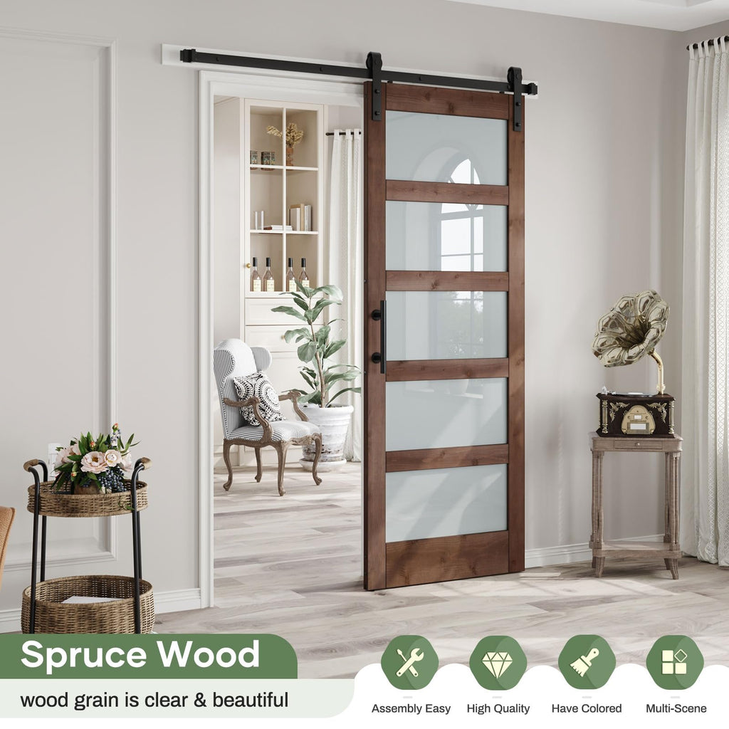 Double 18×84 inch Glass Sliding Barn Door Slab with 6.6ft Hardware Kit Included, 5-Panel Frosted Glass, Spruce Wood Support DIY Dyeing, Easy Assembly