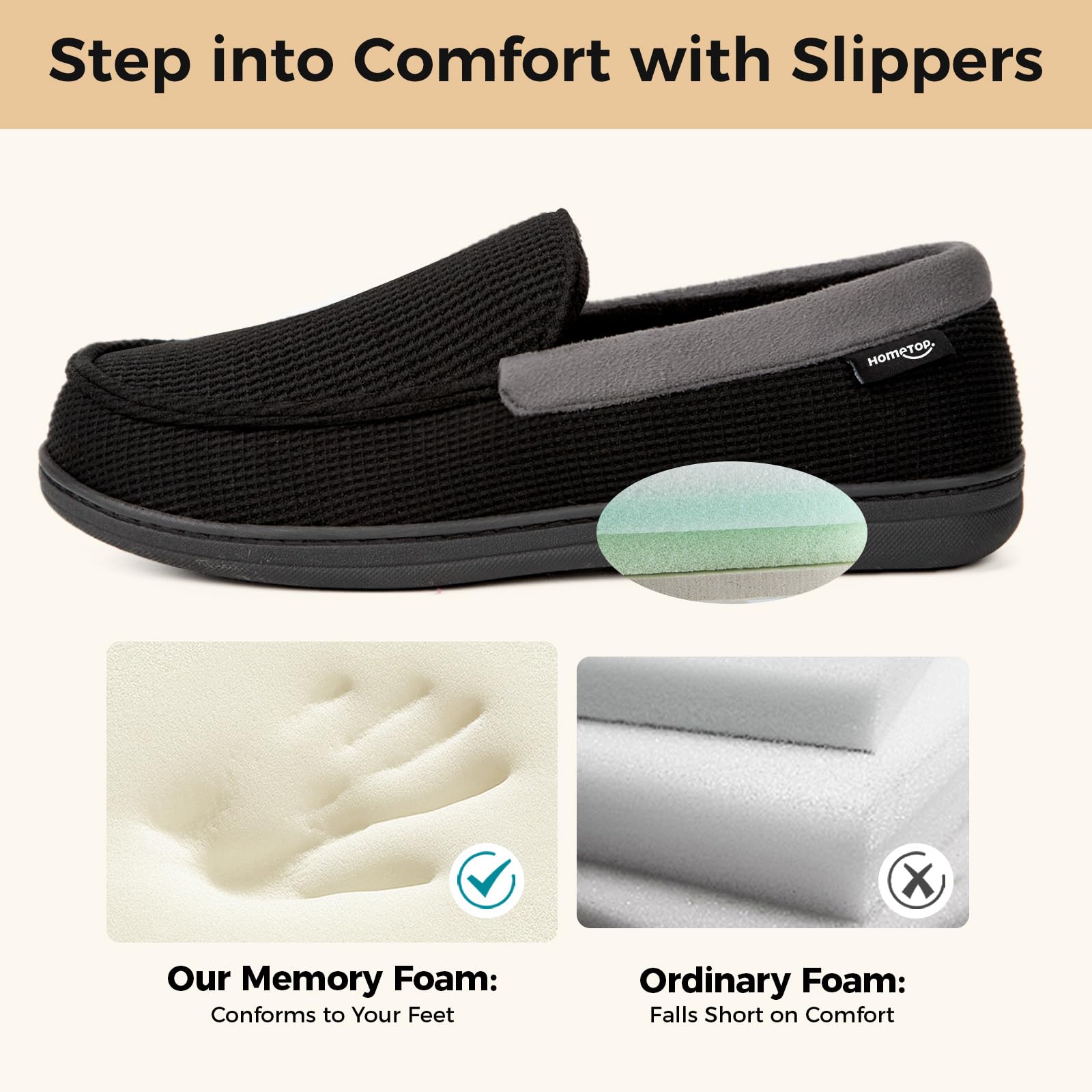 HomeTop Men's Comfort Memory Foam Moccasin Slippers, Breathable Cotton Knit Terry Cloth House Shoes for Indoor Outdoor