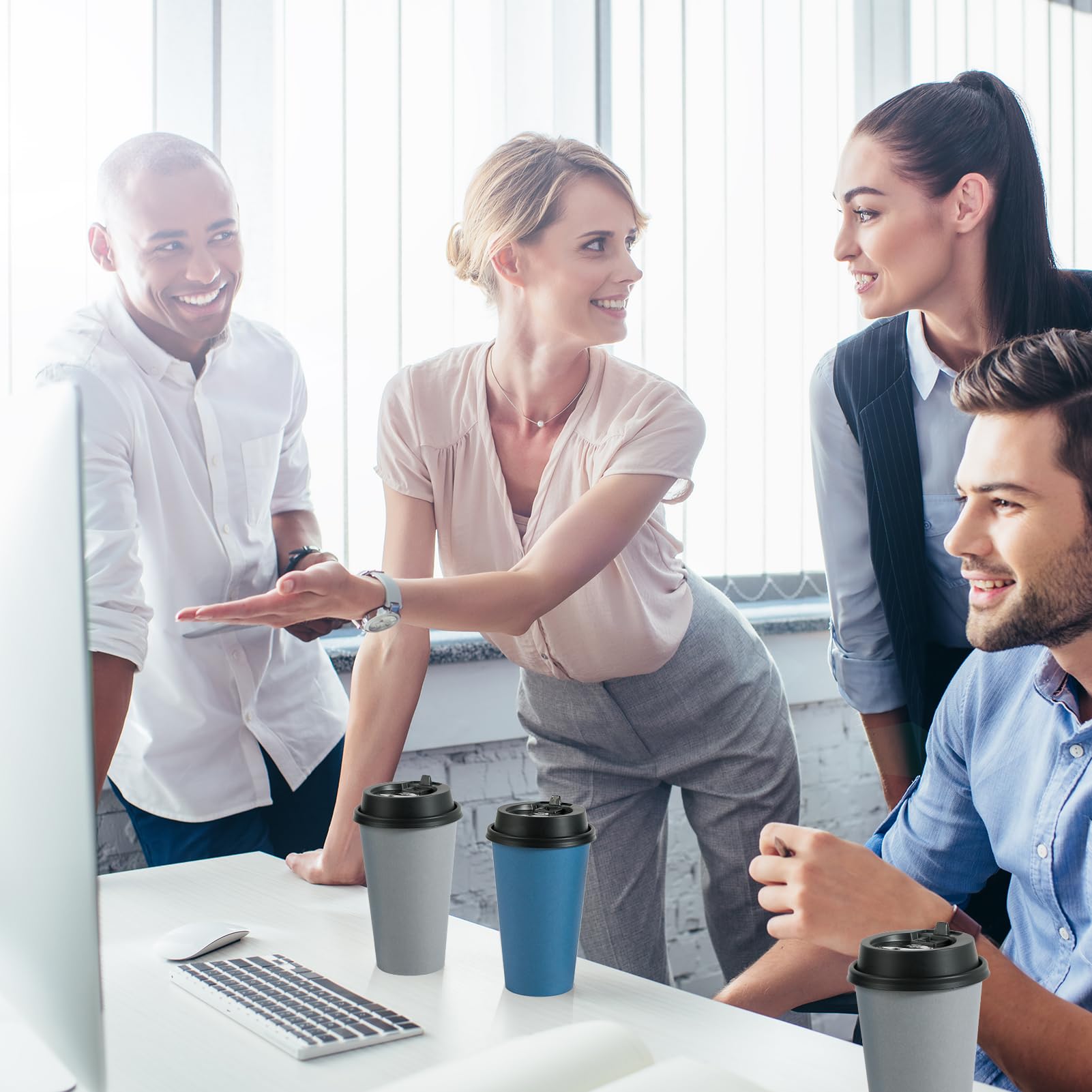LITOPAK 100 Pack 10 oz Disposable Paper Coffee Cups with Lids for Coffee, Water, Juice, or Tea, Blue and Gray Hot Paper Cups for Home, Restaurant, Store, and Cafe