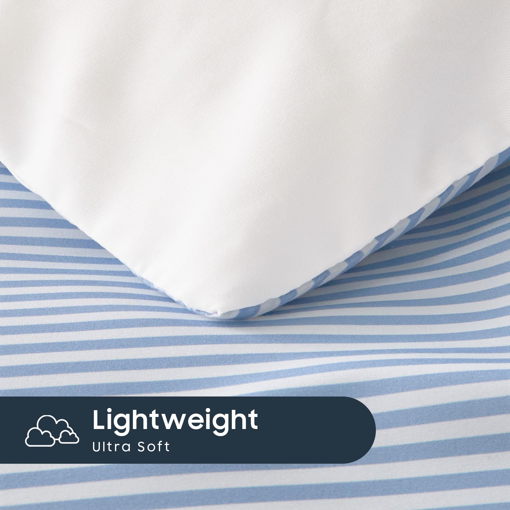 Wake In Cloud - Striped Comforter Set, Ticking Stripe Vertical Pinstripe Neutral Farmhouse Pattern Printed, Soft Lightweight Bedding, 3 Pieces, Blue White, Twin/Twin XL Size