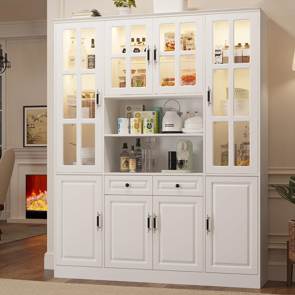 MEISSALIVVE Kitchen Pantry Storage Cabinet with LED Lights, 78.7" Tall with Glass Doors & Drawers, Freestanding Utility Cabinet, Black (31.5" W x 15.7" D)