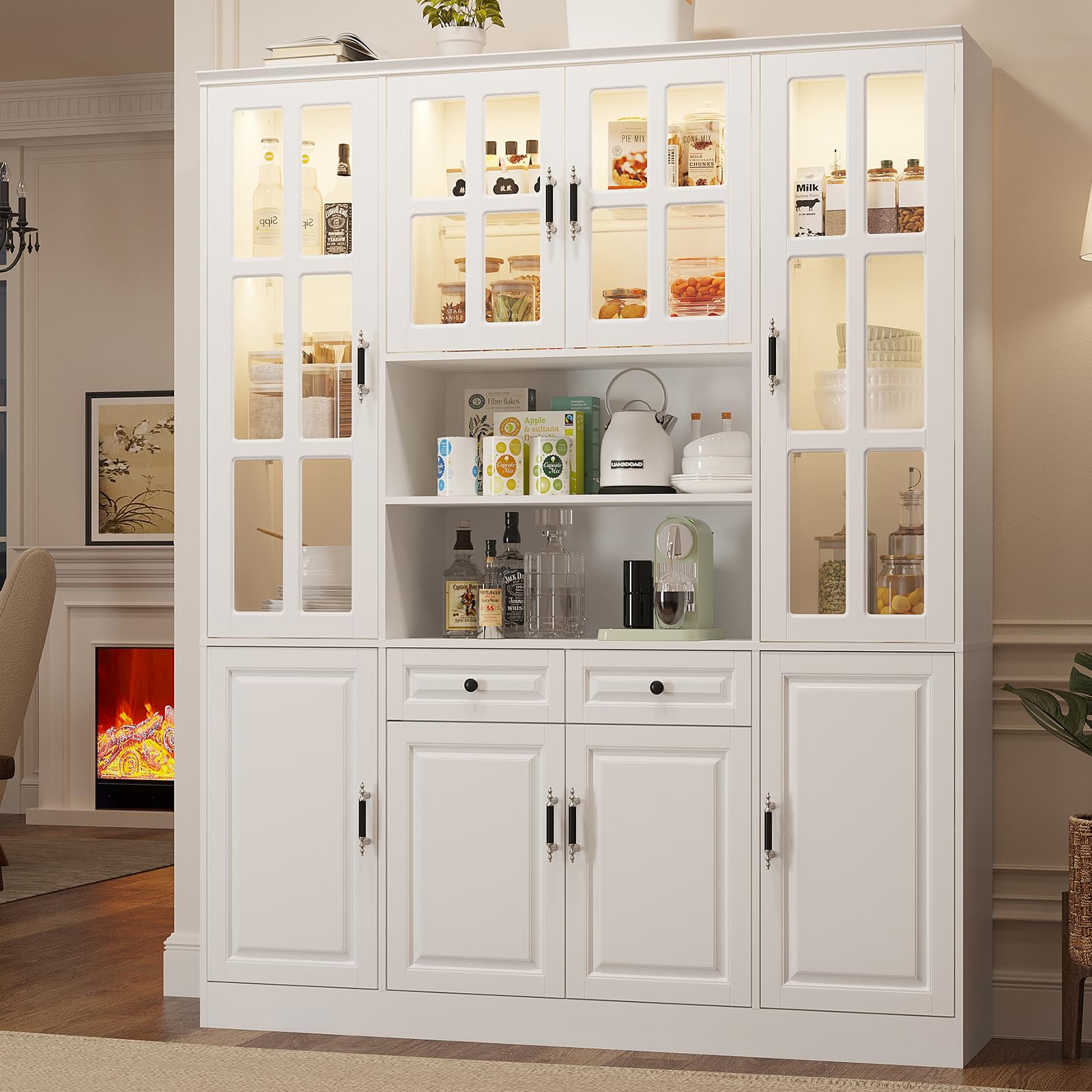 MEISSALIVVE Kitchen Pantry Storage Cabinet with LED Lights, 78.7" Tall with Glass Doors & Drawers, Freestanding Utility Cabinet, Black (31.5" W x 15.7" D)