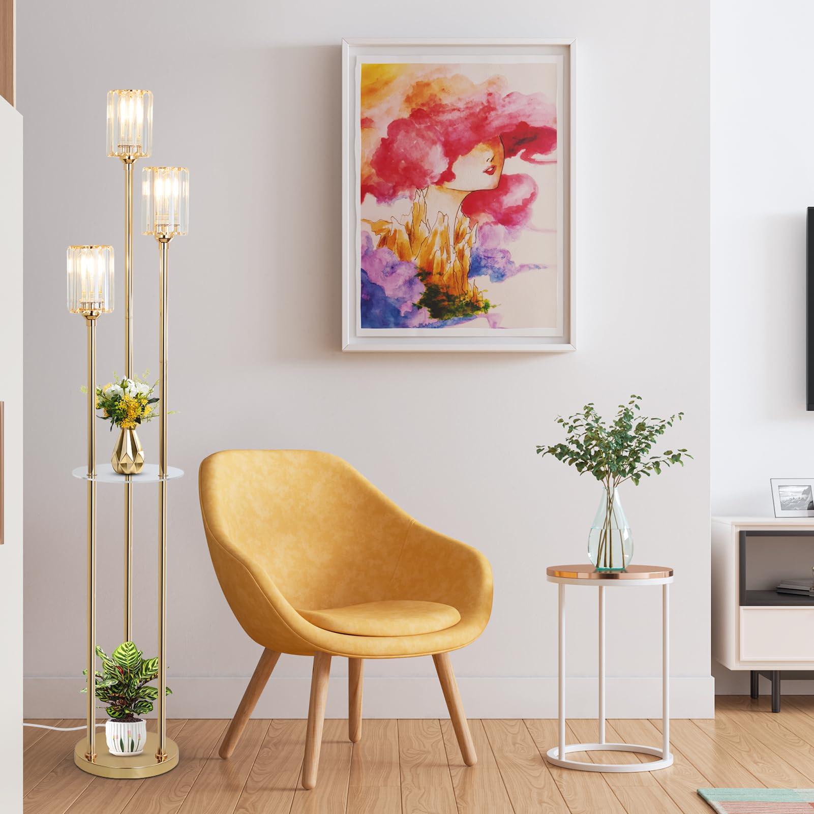 HMVPL Gold Floor Lamps for Living Room, Modern Floor Lamp with Shelves, Crystal Standing Lamps with Table, Brass Tall Lamp with Crystal Shade, On/Off Switch, Mid Century Corner Floor Lamp for Bedroom