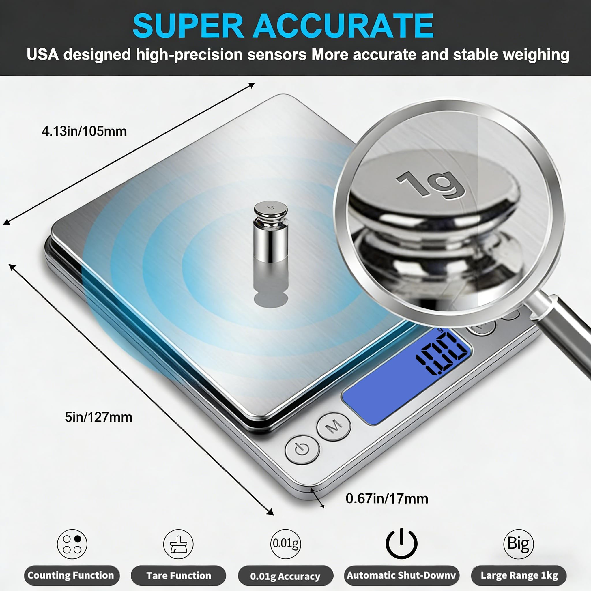 Small Digital Gram Scale 1000g by 0.01g, MEIYA High Accuracy Scale for Food Ounces and Grams, Upgrade USB Charging Kitchen Scale Digital Weight for Cooking, Baking, with Tare Function, 9 Units, 2 Tray