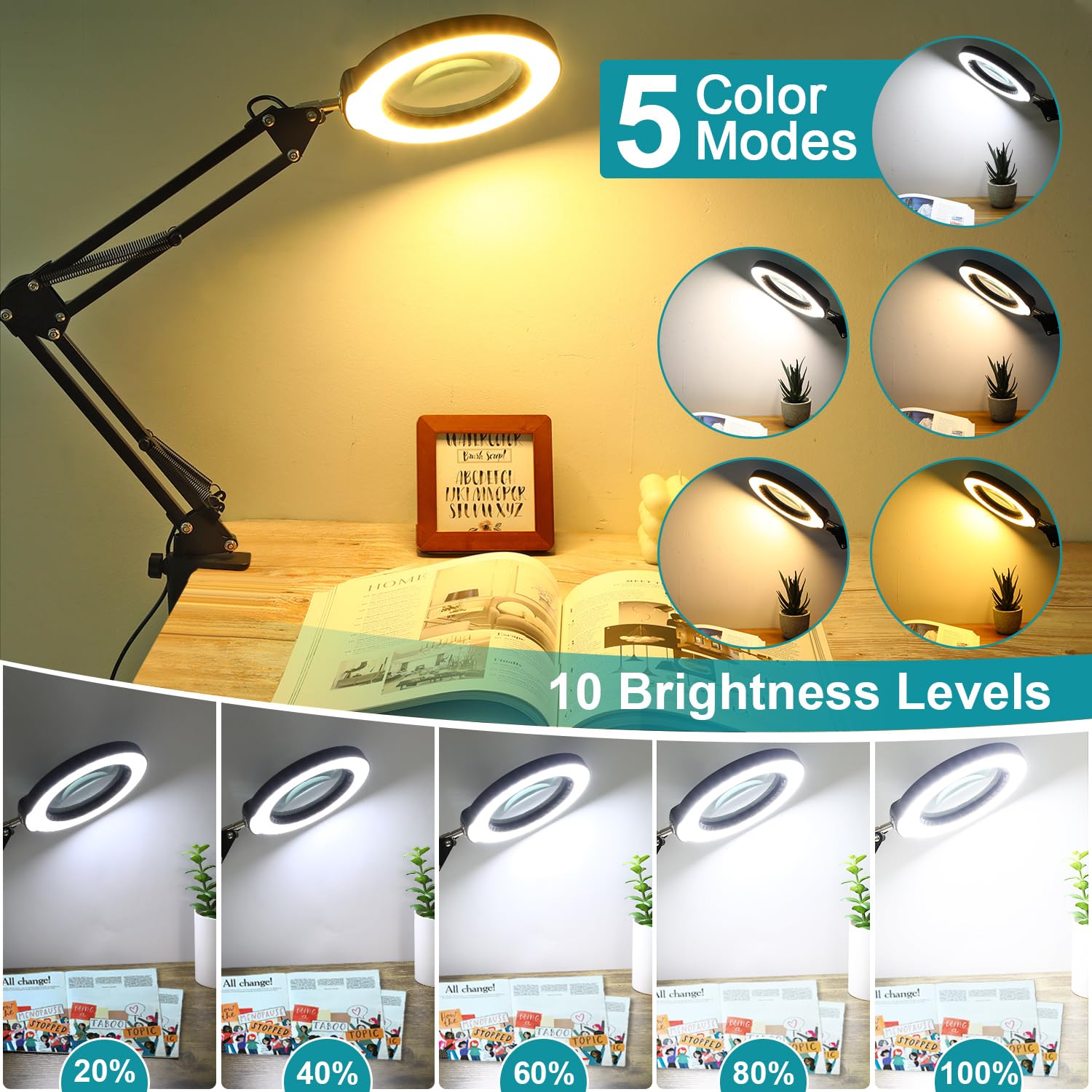 12X Magnifying Glass with Light and Stand, Real Glass, 5 Color Modes, Brightness Stepless Dimmable Lighted Magnifier Hands Free, 2-in-1 Desk Lamp & Clamp Light, Magnifier Lamp for Close Work, Reading