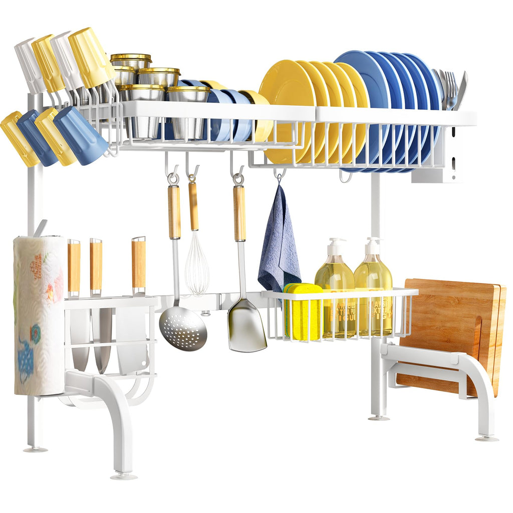 SAYZH Over the Sink Dish Drying Rack, Adjustable (25.5 to 33.5 inch) 2 Tier Metal Steel Dish Drying Racks for Kitchen Counter with Hooks Paper Towel Utensil Cup Holder Sink Caddy (Black)