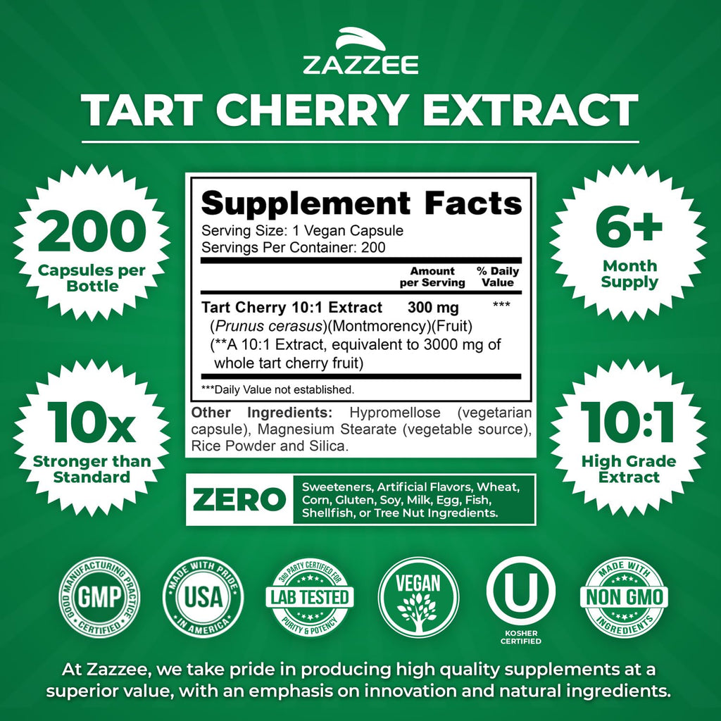 Zazzee Tart Cherry 10:1 Extract, 60 Vegan Capsules, 2 Month Supply, Montmorency Cherry, Certified Kosher, Joint & Uric Acid Support, Antioxidant Support Formula, Non-GMO, Made in the USA