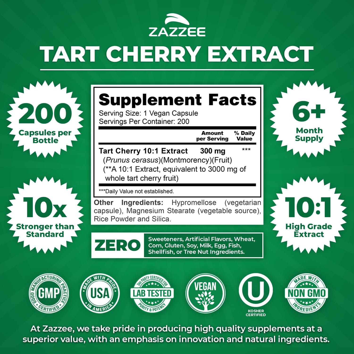 Zazzee Tart Cherry 10:1 Extract, 60 Vegan Capsules, 2 Month Supply, Montmorency Cherry, Certified Kosher, Joint & Uric Acid Support, Antioxidant Support Formula, Non-GMO, Made in the USA