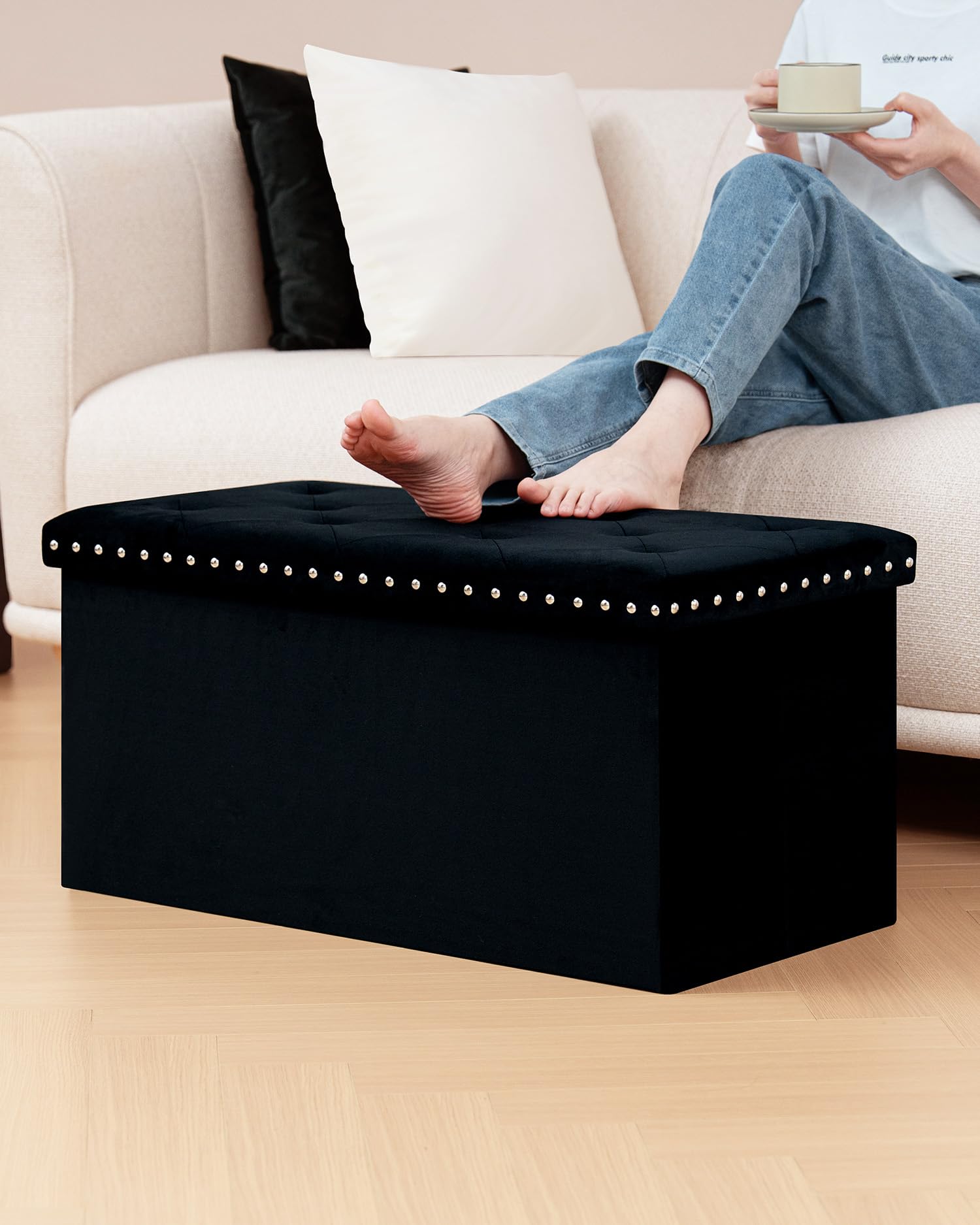 B FSOBEIIALEO Storage-Ottoman Cube-Folding Tufted - Ottomans with Storage, Coffee Table Top Cover, Storage Boxes Footrest Stool for Bedroom, Luxury Velvet Fabric 15.7 Inches Black