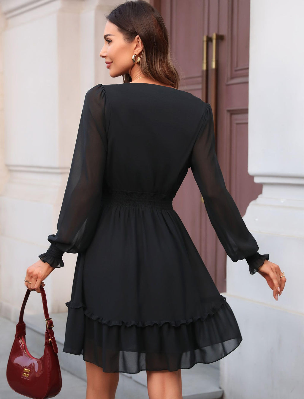 Prettywear Women's Floral Chiffon Long Sleeve Mini Dress Flowy A-Line Wrap Neck Tie Back Short Dress