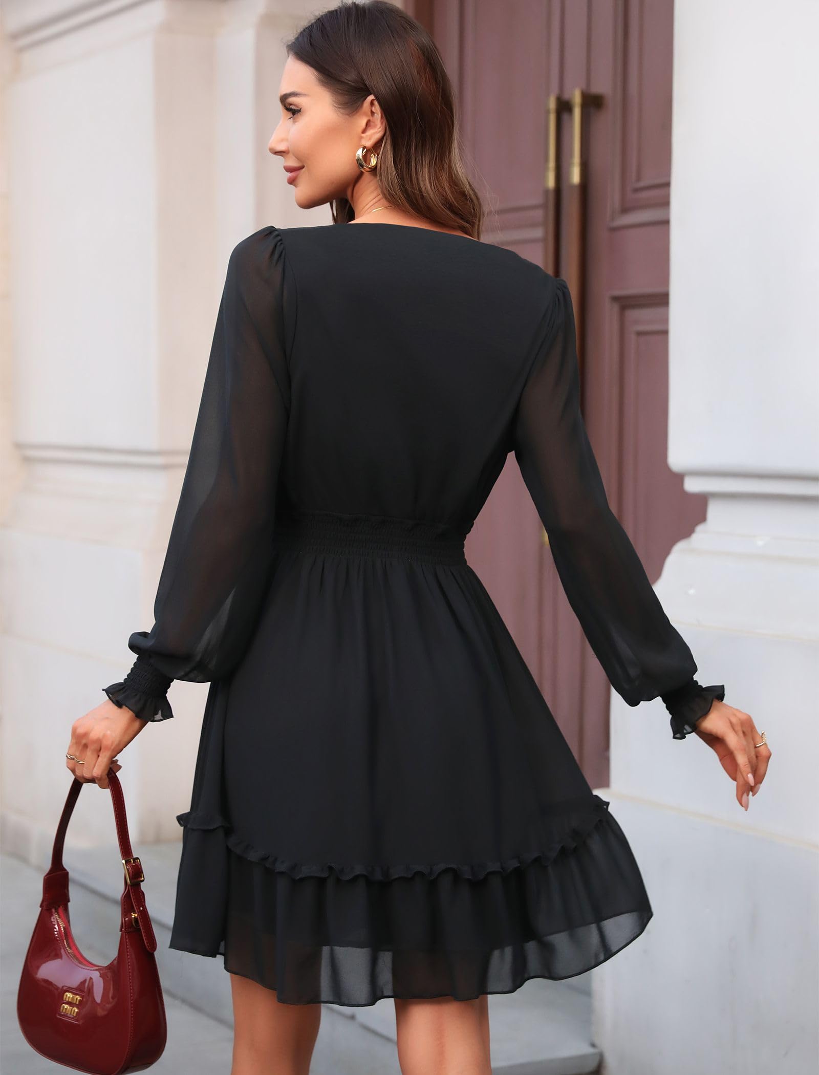 Prettywear Women's Floral Chiffon Long Sleeve Mini Dress Flowy A-Line Wrap Neck Tie Back Short Dress
