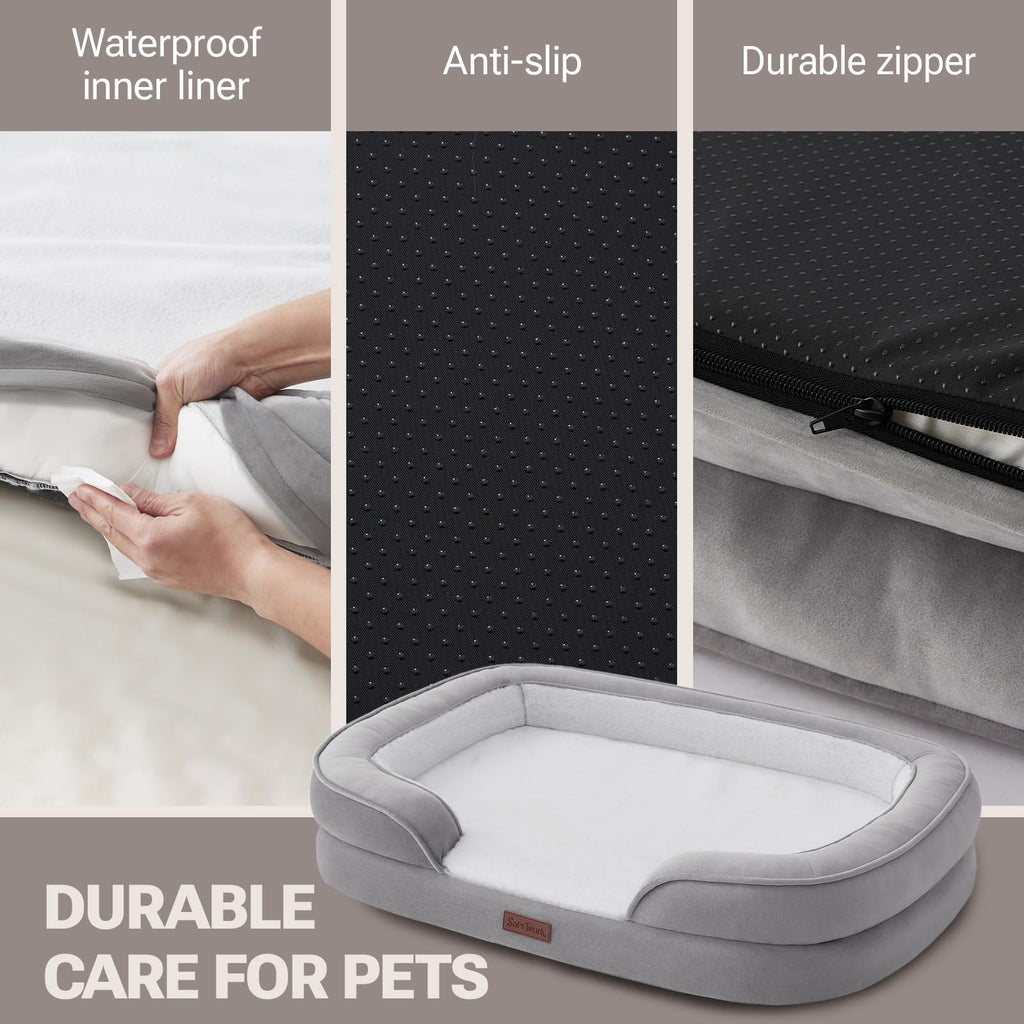 Soft Touch Orthopedic Dog Bed for Large Dogs with Faux Fur Top, Waterproof Pet Couch Bed with Removable Washable Cover and Supportive Foam Filling (Grey, Large)