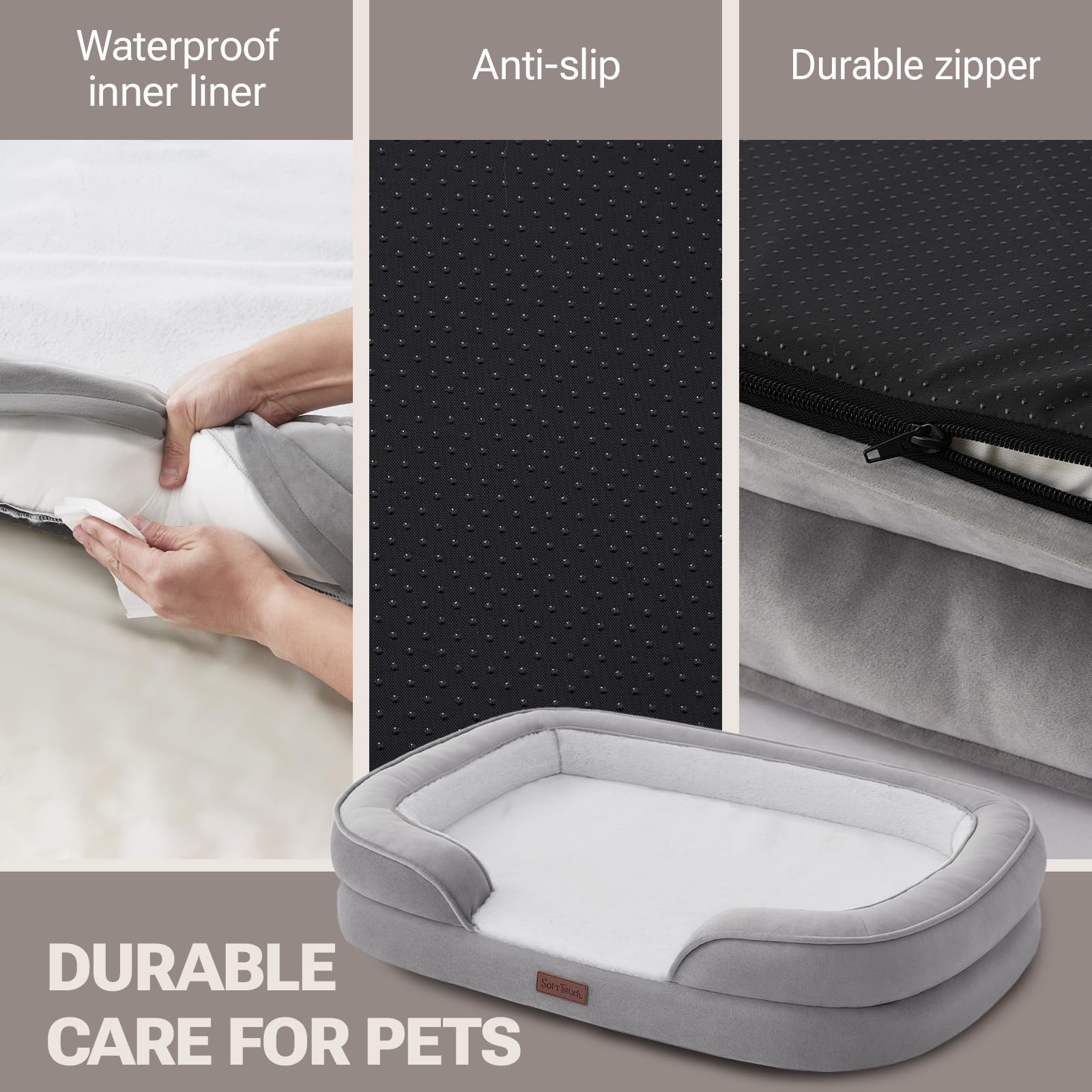 Soft Touch Orthopedic Dog Bed for Large Dogs with Faux Fur Top, Waterproof Pet Couch Bed with Removable Washable Cover and Supportive Foam Filling (Grey, Large)