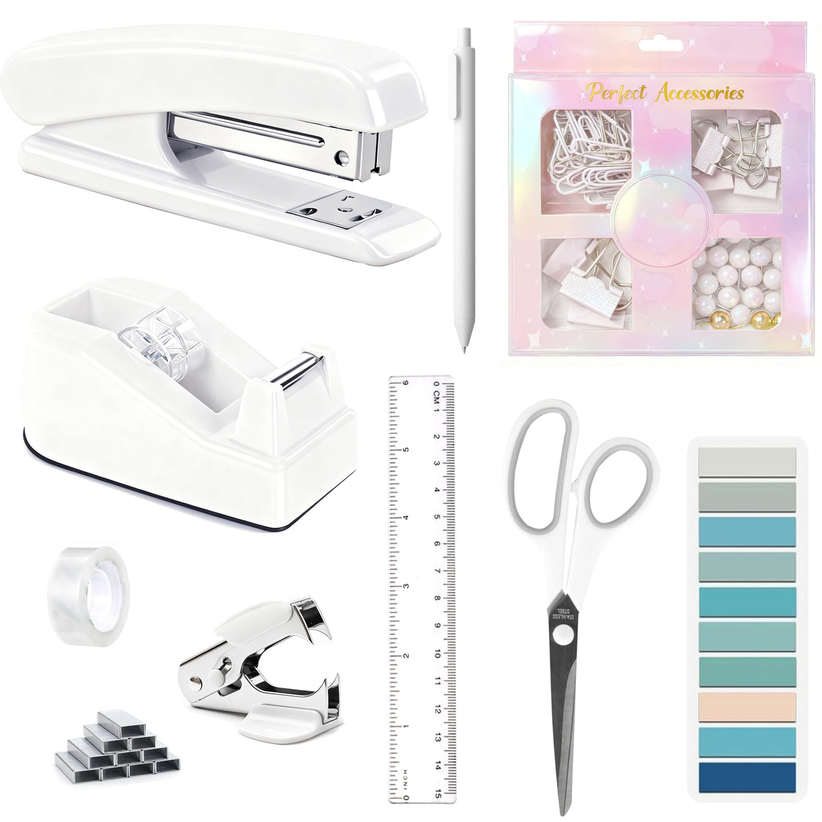 Dimonluce Office Desk Accessories, Black Office Supplies Accessories with Tape Dispenser, Stapler, Staple Remover, 1000 Staples, Tape, Clips Set, Ruler, Scissor, Pen