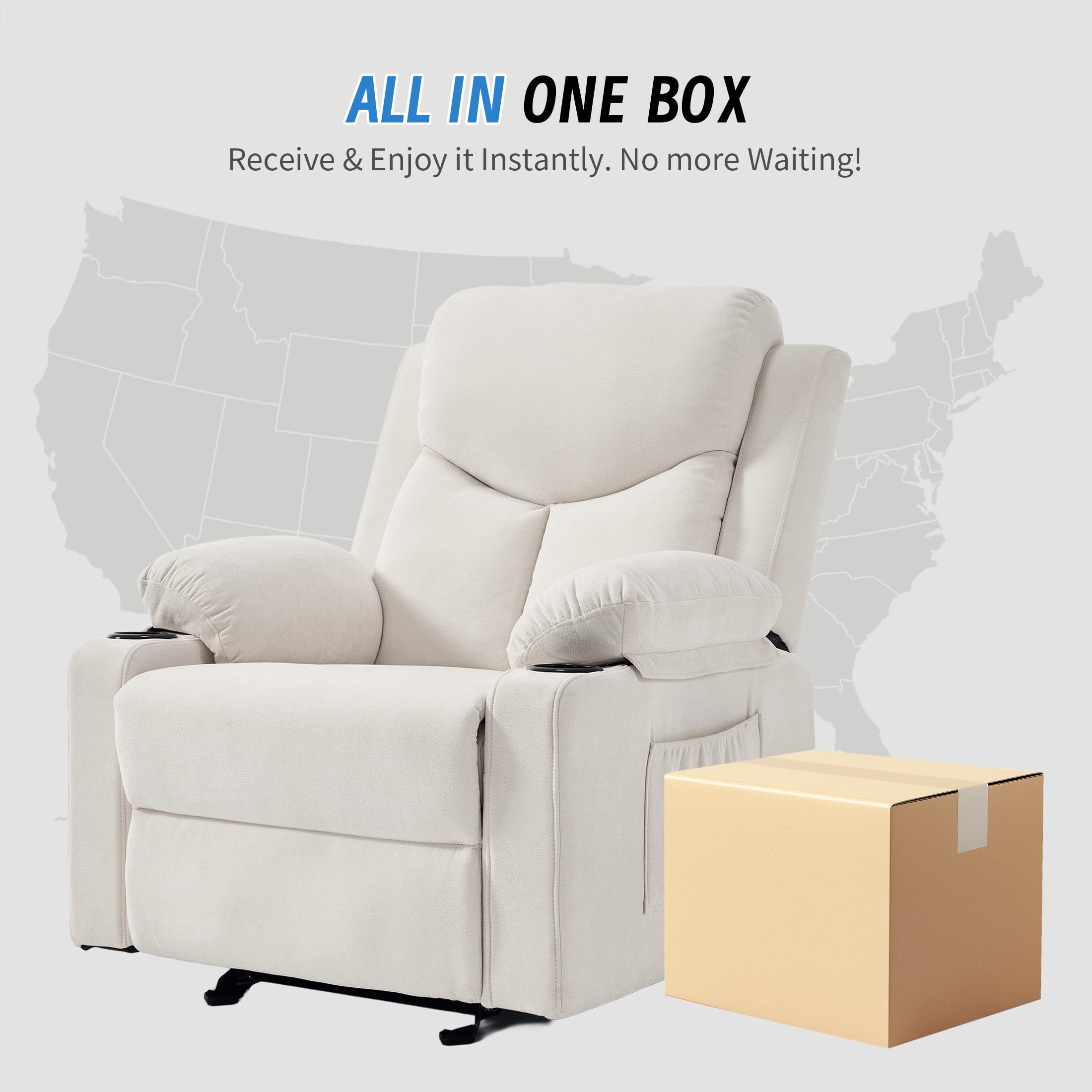 Manual Rocker Recliner Chair for Adults with Massage, Overstuffed Glider Rocking Chair with Cup Holders and Pockets for Living Room, Reclining Sofa Chair for Bedroom Nursery,Beige