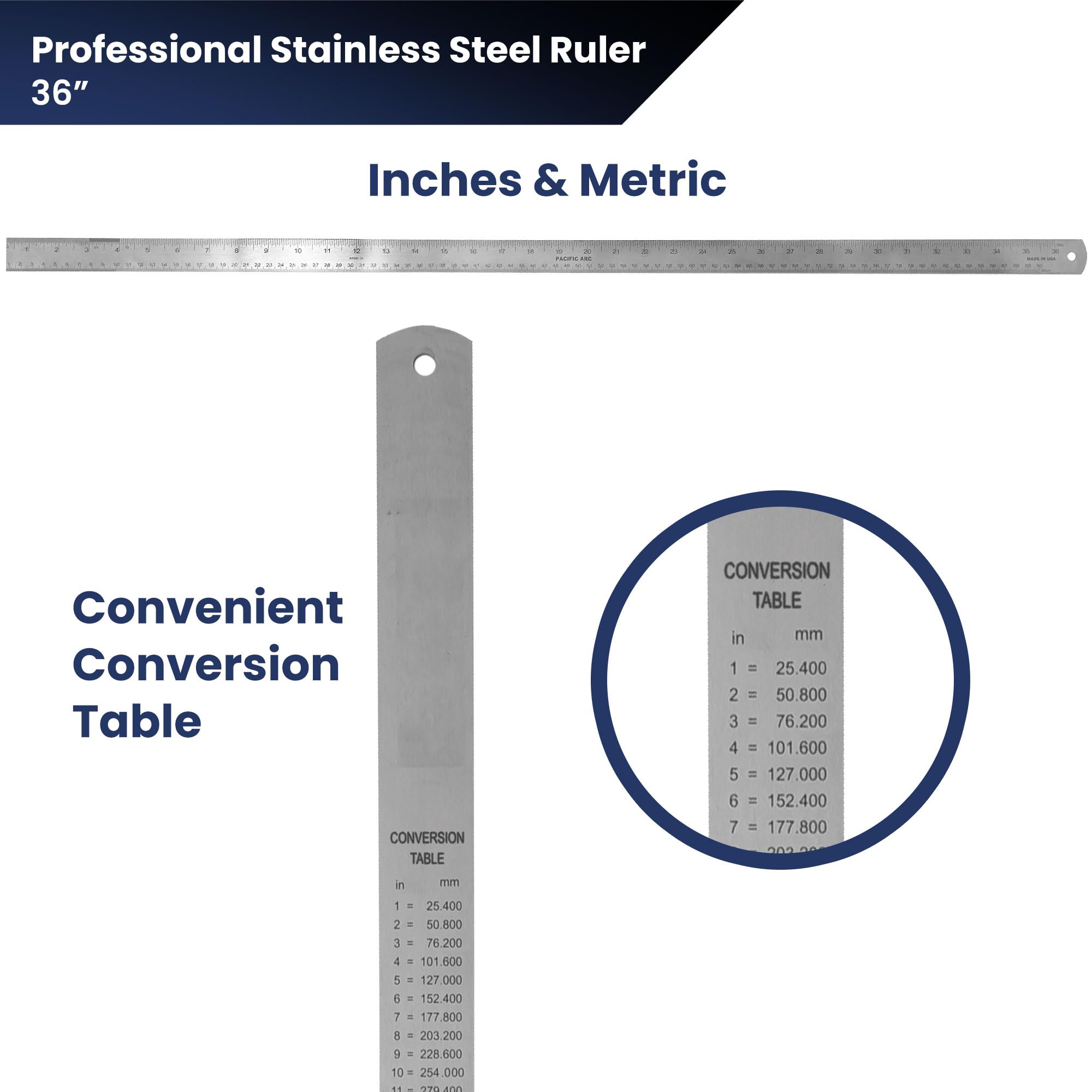 2 Pack Pacific Arc 12 Inch Stainless Steel Ruler with Inch/Metric Conversion Table