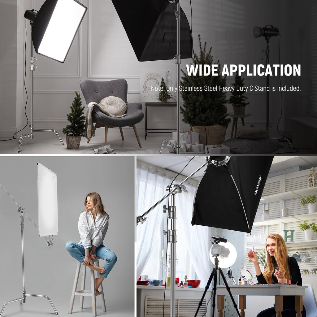 NEEWER Pro 100% Stainless Steel Heavy Duty C Stand with Boom Arm, Max Height 68"/172cm Photography Light Stand with 2.7ft/83cm Holding Arm, 2 Grip Head for Studio Monolight, Softbox, Reflector, SC172