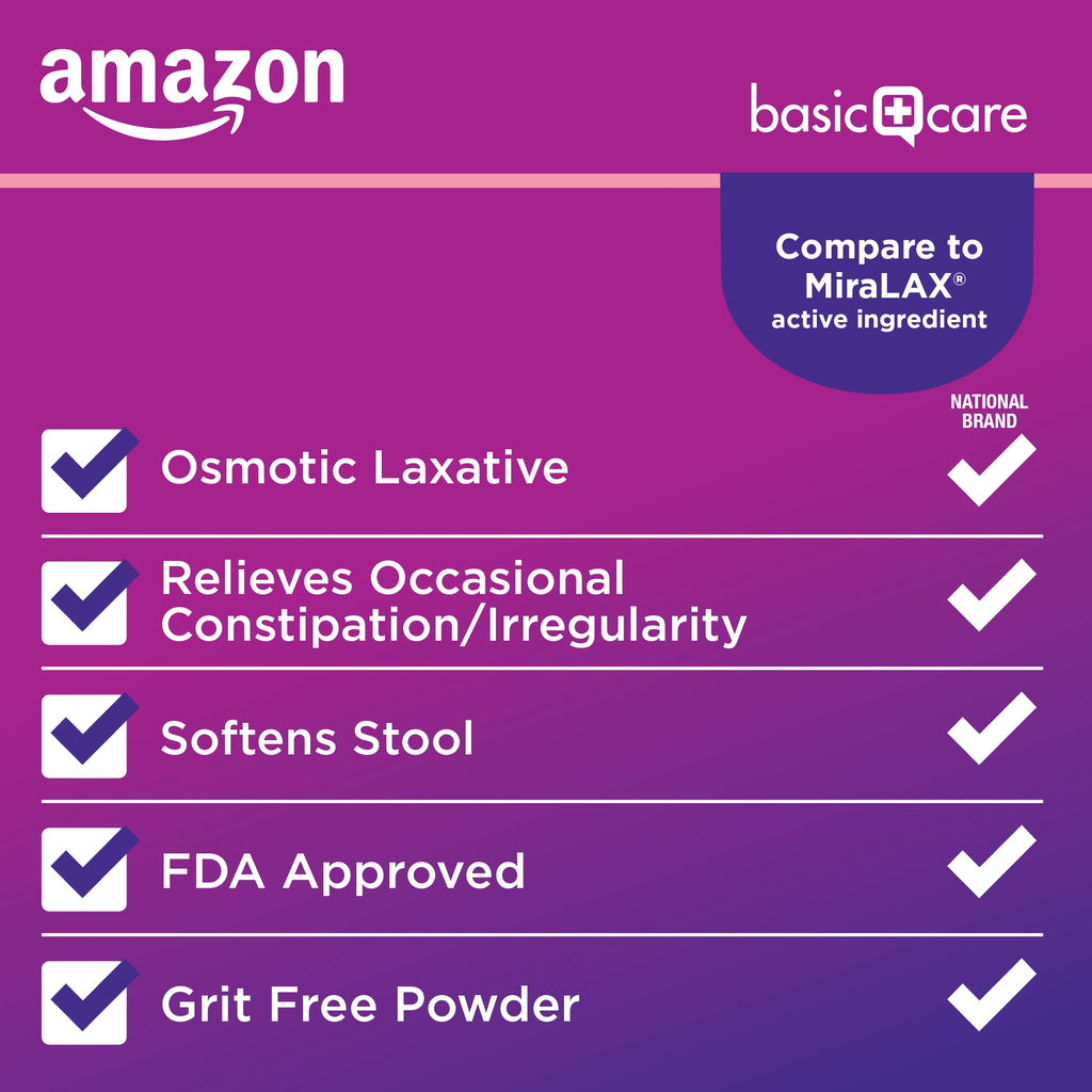 Amazon Basic Care ClearLax Polyethylene Glycol 3350 Powder for Solution, Orange Flavor, Osmotic Laxative, Stool Softener, Relieves Occasional Constipation, 8.3 ounce (Pack of 1)