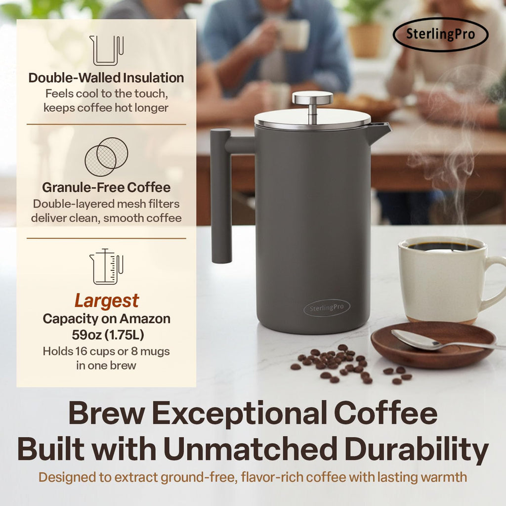 SterlingPro Stainless Steel French Press Coffee Maker 1 L (34 oz) Black – Double Walled Insulated Large Coffee Press, Durable Design Keeps Drinks Hot, Easy to Use and Clean for Rich Flavor Brewing