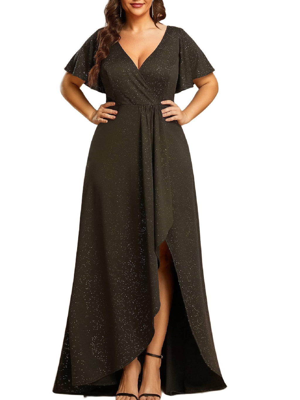 Ever-Pretty Glitter Formal Dresses for Cuvvy Women Plus Size A-line High Low Wedding Guest Gala Dress with Ruffles Sleeves