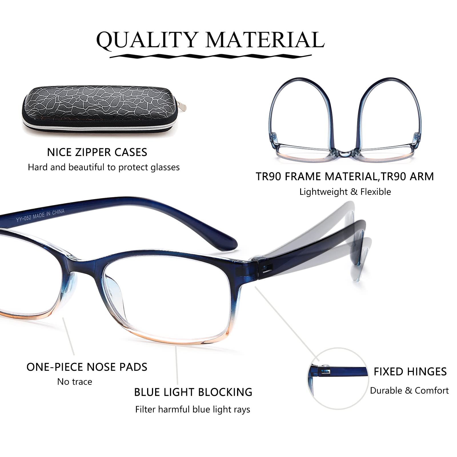 EYEURL Reading Glasses for Women Men Blue Light Blocking, 0.00 Anti Eye Strain Computer Readers, TR90 Ultra Lightweight Rectangle Frame Eyeglasses