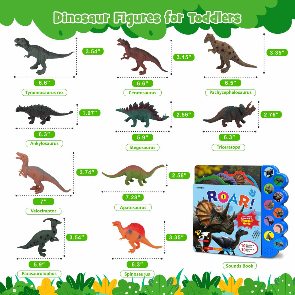 iGRATENS Dinosaur Toys with Sound Books, 10PCS Dino Toy for Toddlers & Animal Sounds Book with 10 Buttons, Realistic Plastic Animal Figures, Dinosaur Toys for Kids 3-5, Dinosaurs Lover Gifts for Kids