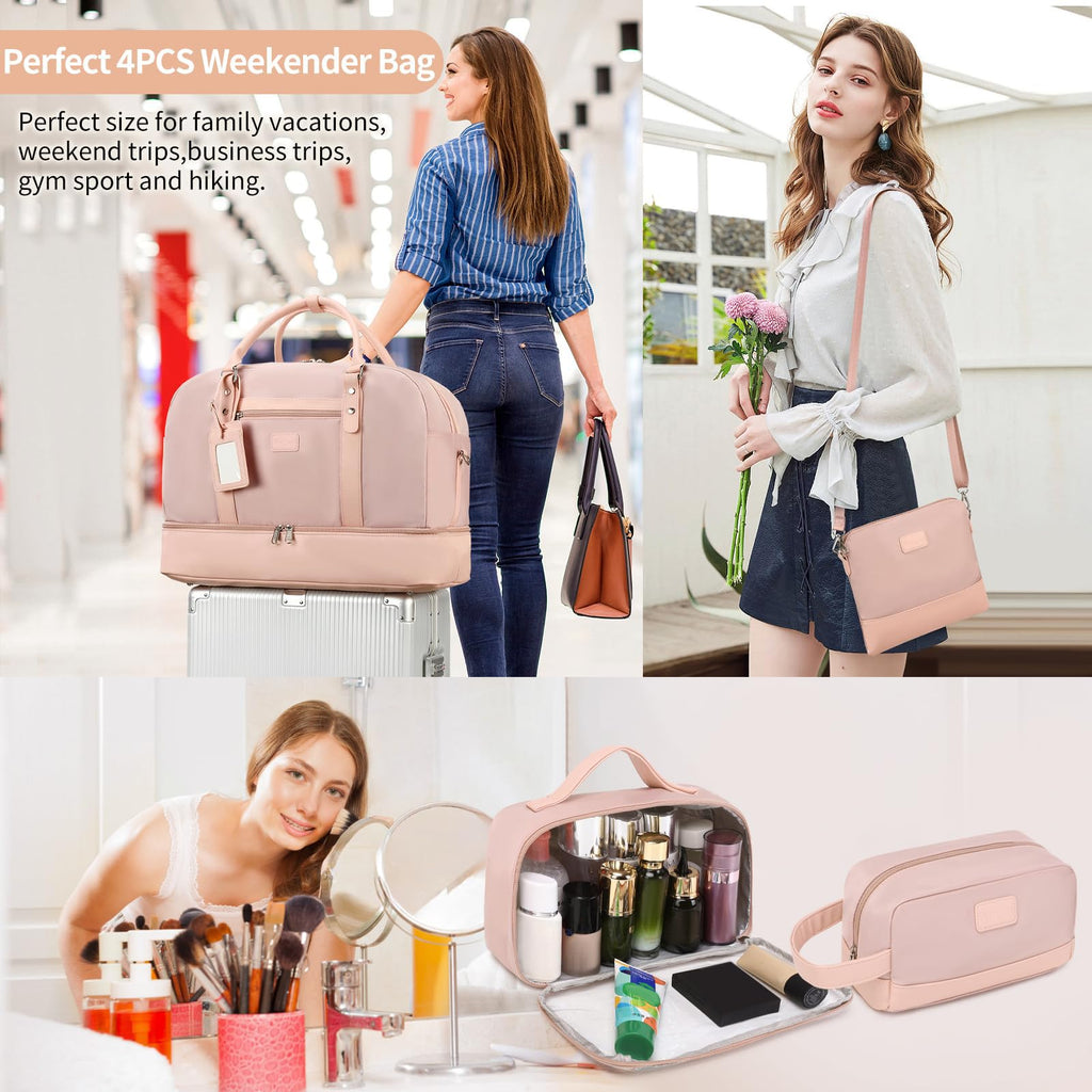 Wogarl 4PCS Weekender Bags for Women Large Overnight Weekend Travel Duffel Carry on Shoulder with Shoe Compartment Canvas Toiletry Bag for Travel Business Gym
