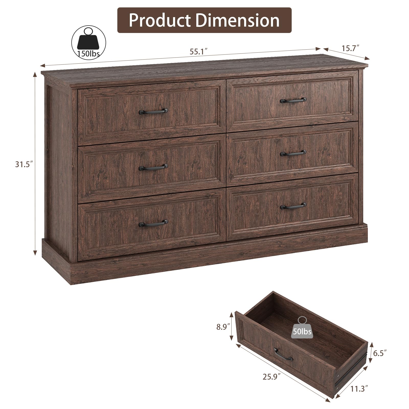 Farmhouse 5 Drawers Dresser for Bedroom, 44" Tall Brown dresser Wood Rustic Chest of Drawers with Wide Metal Handle,Natural Texture,Drawer Organizer for Bedroom,Living Room,Hallway and Entryway