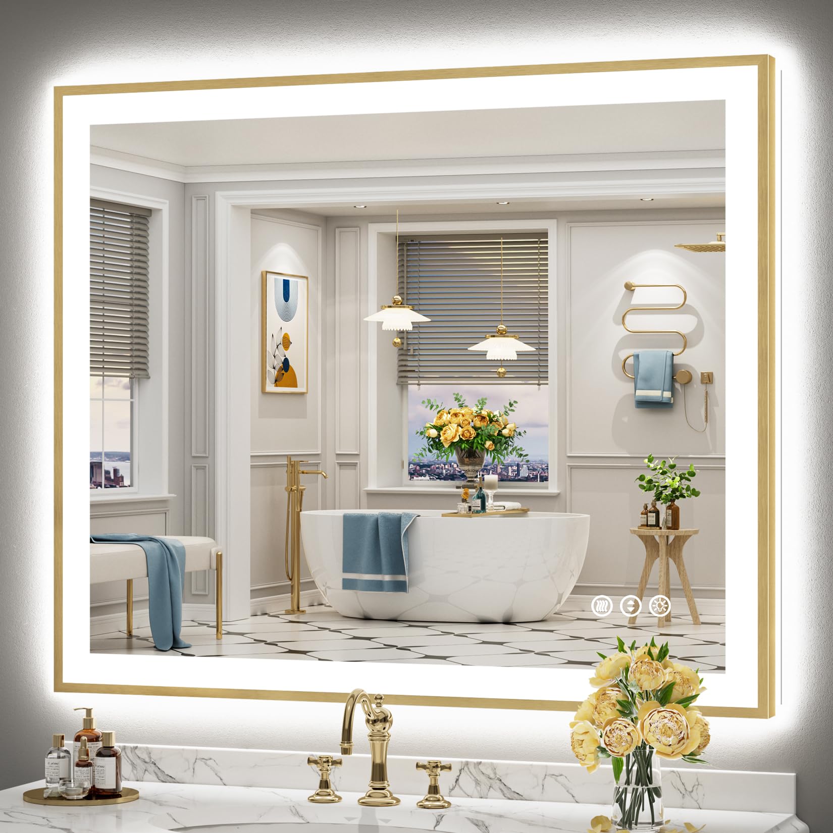 24x36 Gold Beveled LED Bathroom Mirror with Lights, Brushed Gold Framed Backlit and Front Lit Anti-Fog Lighted Vanity Mirrors for Bathroom Wall, Dimmable, 3 Colors, Memory, HD Tempered Glass