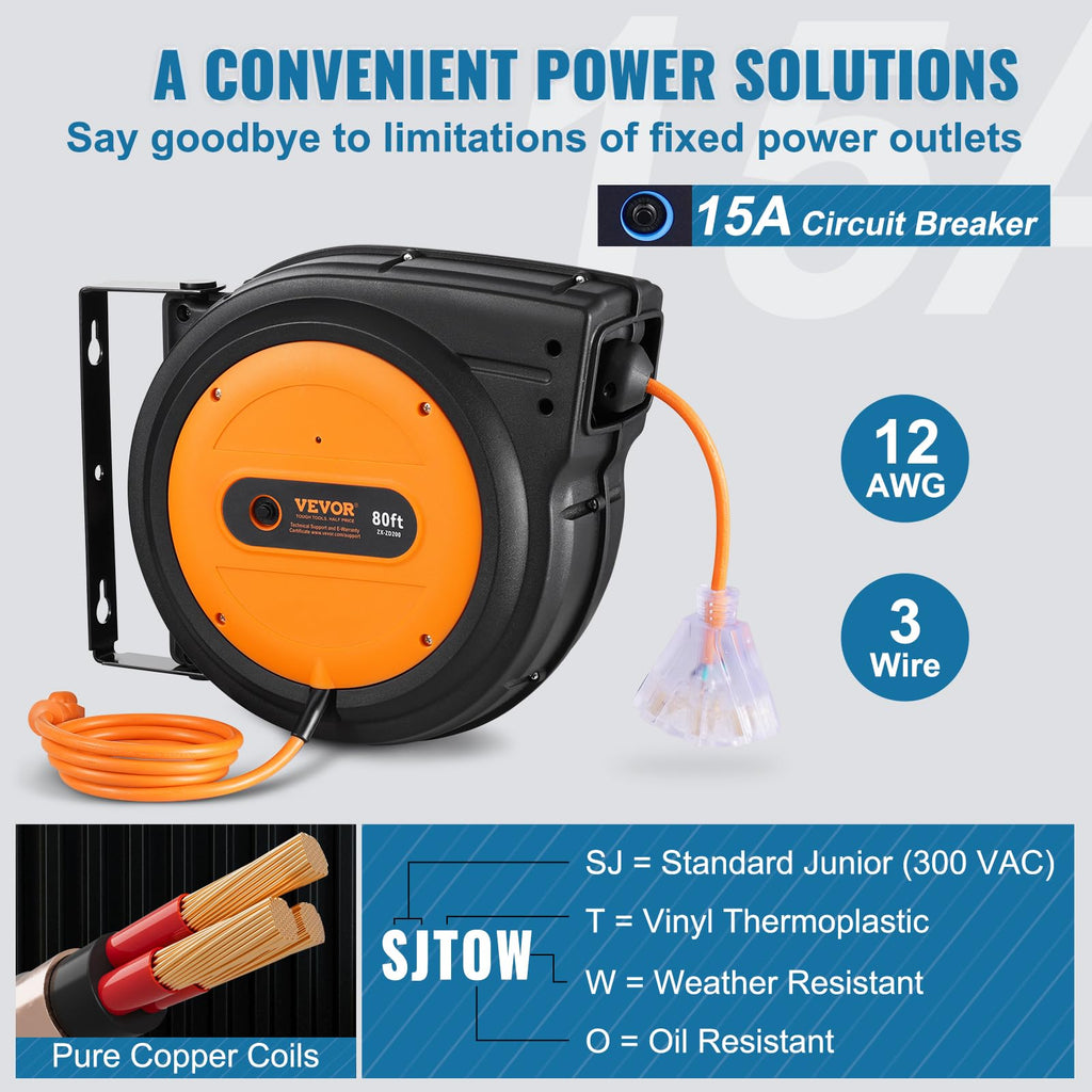 VEVOR Retractable Extension Cord Reel, 30 FT, Heavy Duty 16AWG/3C SJTOW Retractable Power Cord Reel with Lighted Triple Tap Outlet 10 Amp Circuit Breaker 4.5FT Lead-in Cord, for Ceiling or Wall Mount
