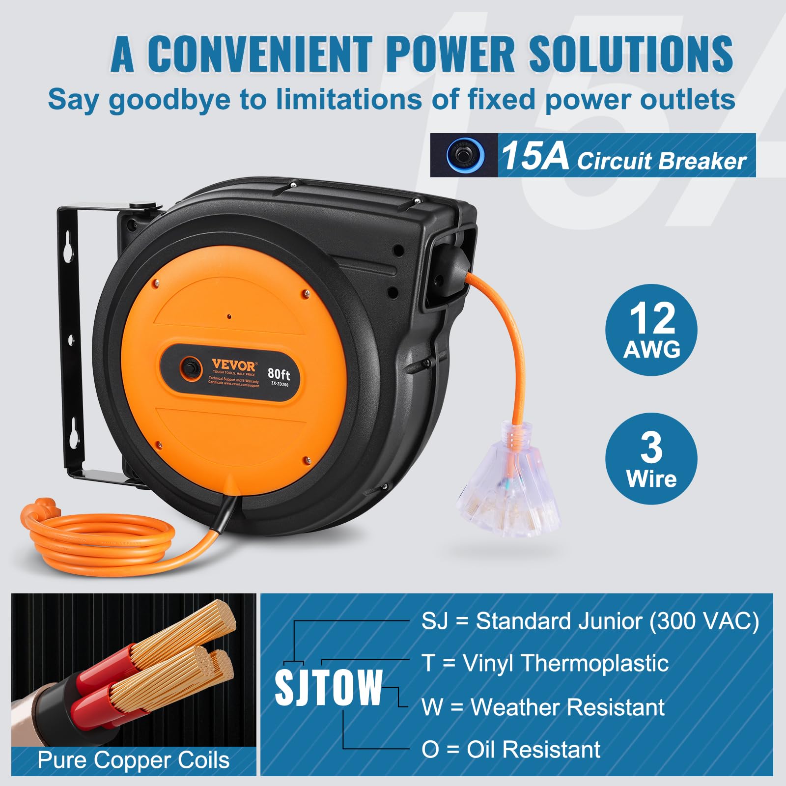 VEVOR Retractable Extension Cord Reel, 30 FT, Heavy Duty 16AWG/3C SJTOW Retractable Power Cord Reel with Lighted Triple Tap Outlet 10 Amp Circuit Breaker 4.5FT Lead-in Cord, for Ceiling or Wall Mount