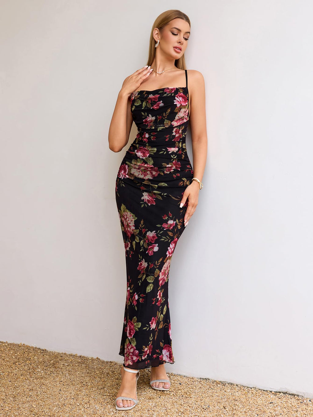 URYIAO Women's Summer 2026 Floral Spaghetti Strap Maxi Dress Sleeveless Ruched Mesh Bodycon Long Wedding Guest Dresses
