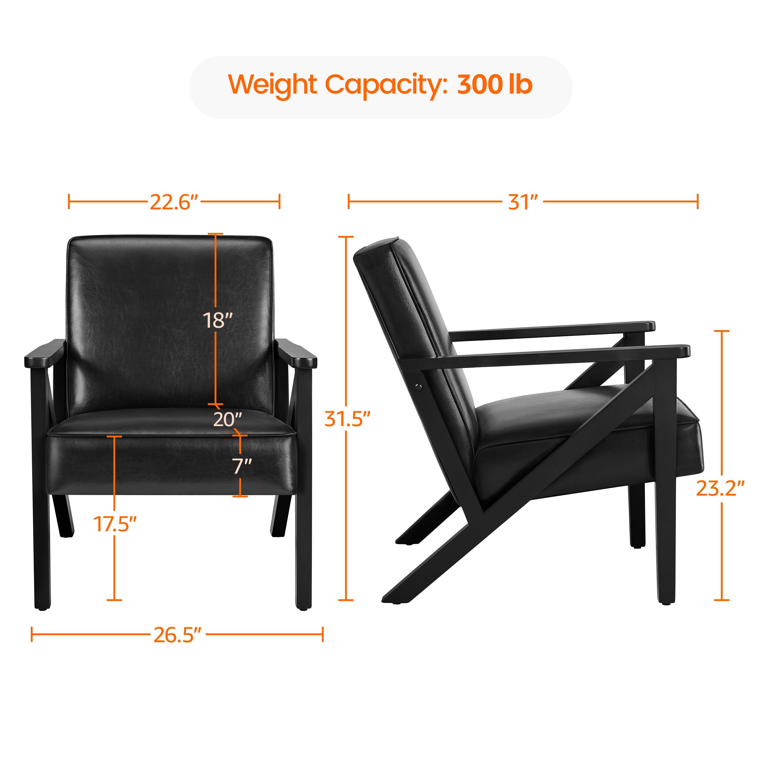 Yaheetech Accent Chair, PU Leather Reading Chair, Mid Century Modern Arm Chair with Solid Wood Frame for Living Room Bedroom Waiting Room, 2 Pieces, Black