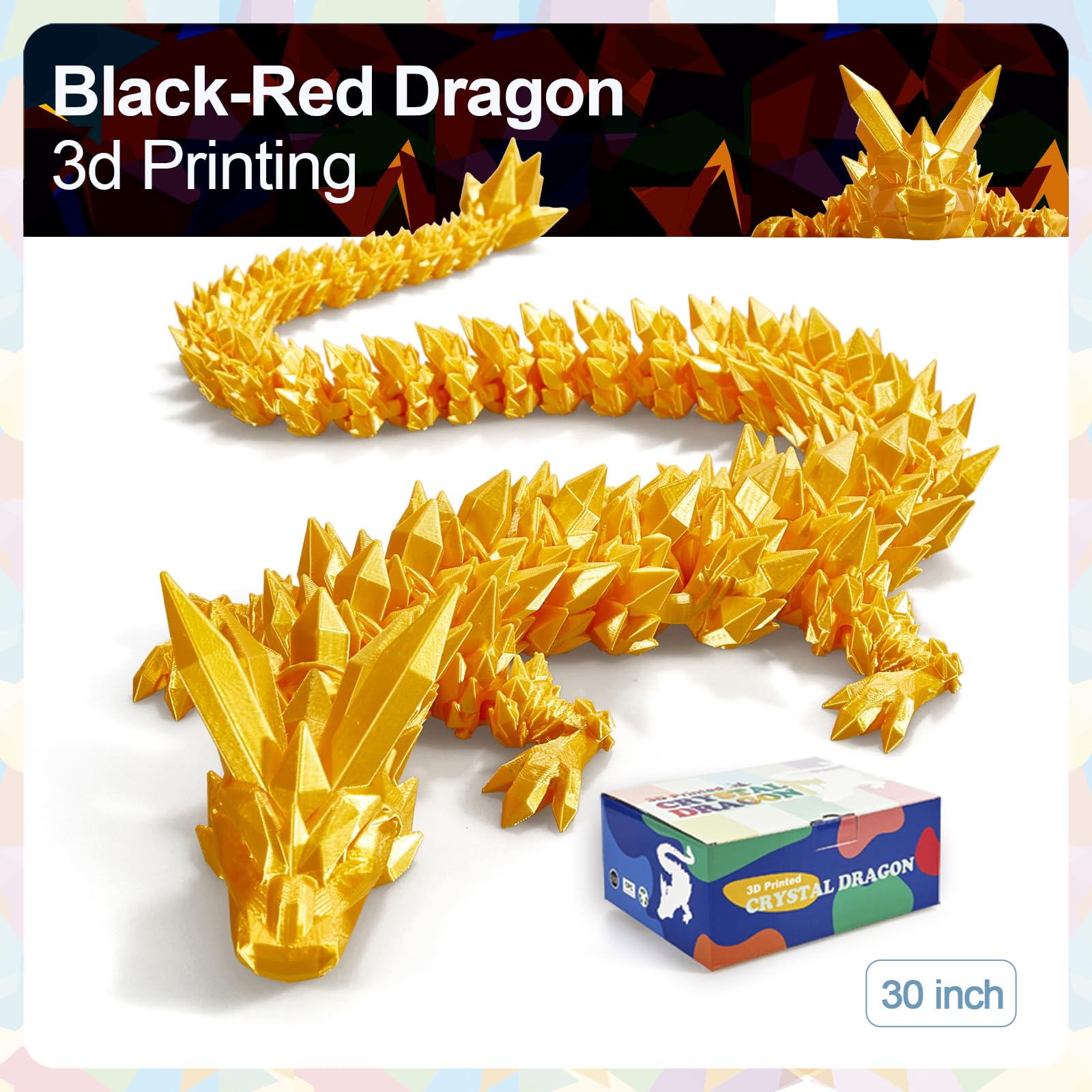 24" Large 3D Printed Dragon - Huge Articulated Crystal Dragon Fidget Toy, Giant Flexible 3D Dragon Figure, Birthday Gift for Boys Girls Kids & Collectors, Home Office Executive Desk Decor