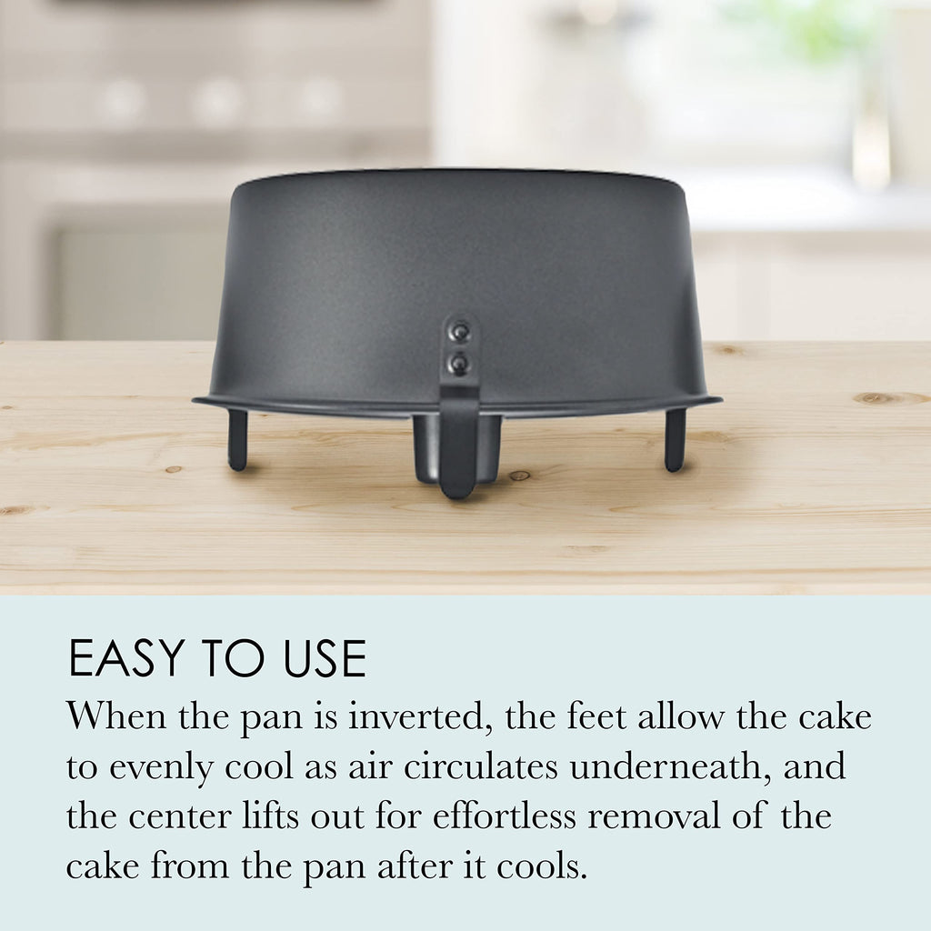 Chicago Metallic Angel Food Cake Pan with Cooling Feet, 2-Piece Nonstick Tube Pan, 9.5 Inch Carbon Steel, Perfect for Pound and Sponge Cakes