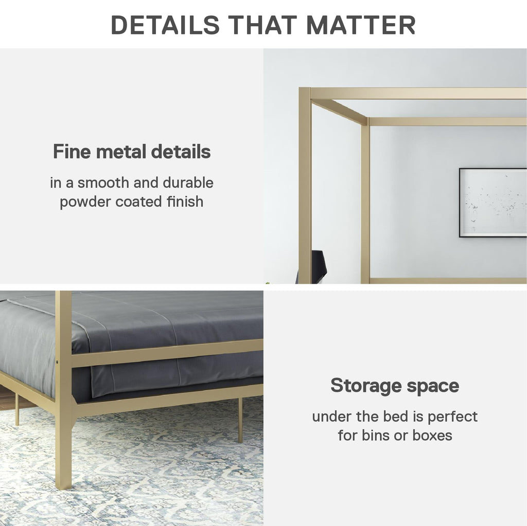 DHP King Metal Canopy Bed, Modern Design with Built-In Headboard, Sturdy Frame, No Box Spring Needed, Gunmetal Gray