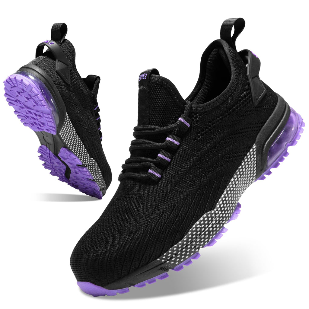 SPIEZ Safety Shoes for Women, Composite Toe Work Shoes with Air Cushioned Comfort, Lightweight Puncture Proof Safety Sneakers for Work and Daily Wear, Black Pink/Purple US4.5–10
