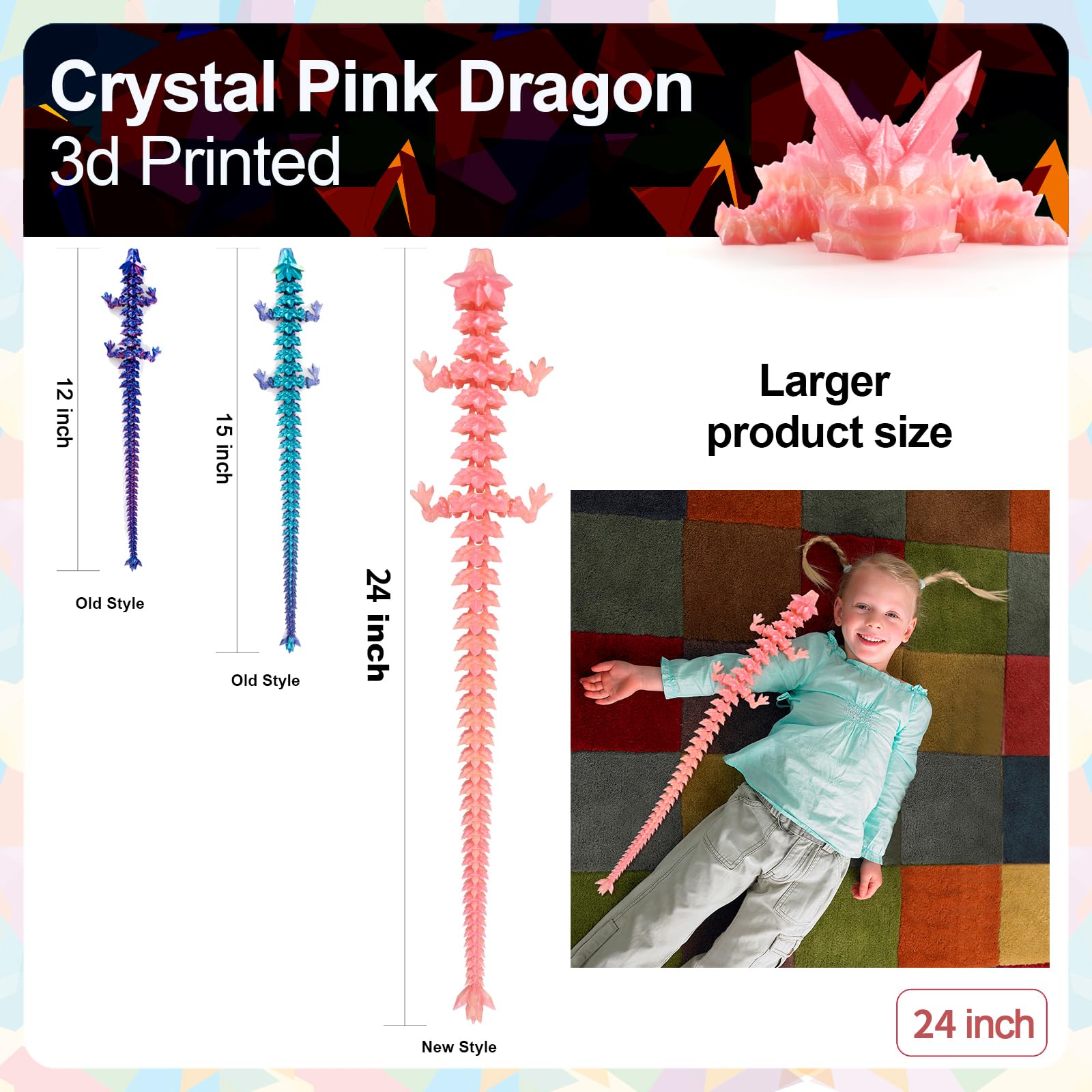 24" Large 3D Printed Dragon - Huge Articulated Crystal Dragon Fidget Toy, Giant Flexible 3D Dragon Figure, Birthday Gift for Boys Girls Kids & Collectors, Home Office Executive Desk Decor