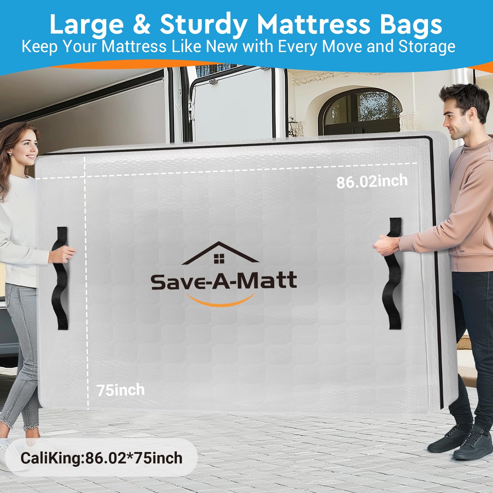 SaveAMatt Mattress Bags for Moving -Extra Thick Queen Mattress Storage Bag, 8 Strong Handles & Reinforced Stitching, Waterproof Reusable Clear Mattress Cover Protector (82’’x63’’x15’’ Queen Size)