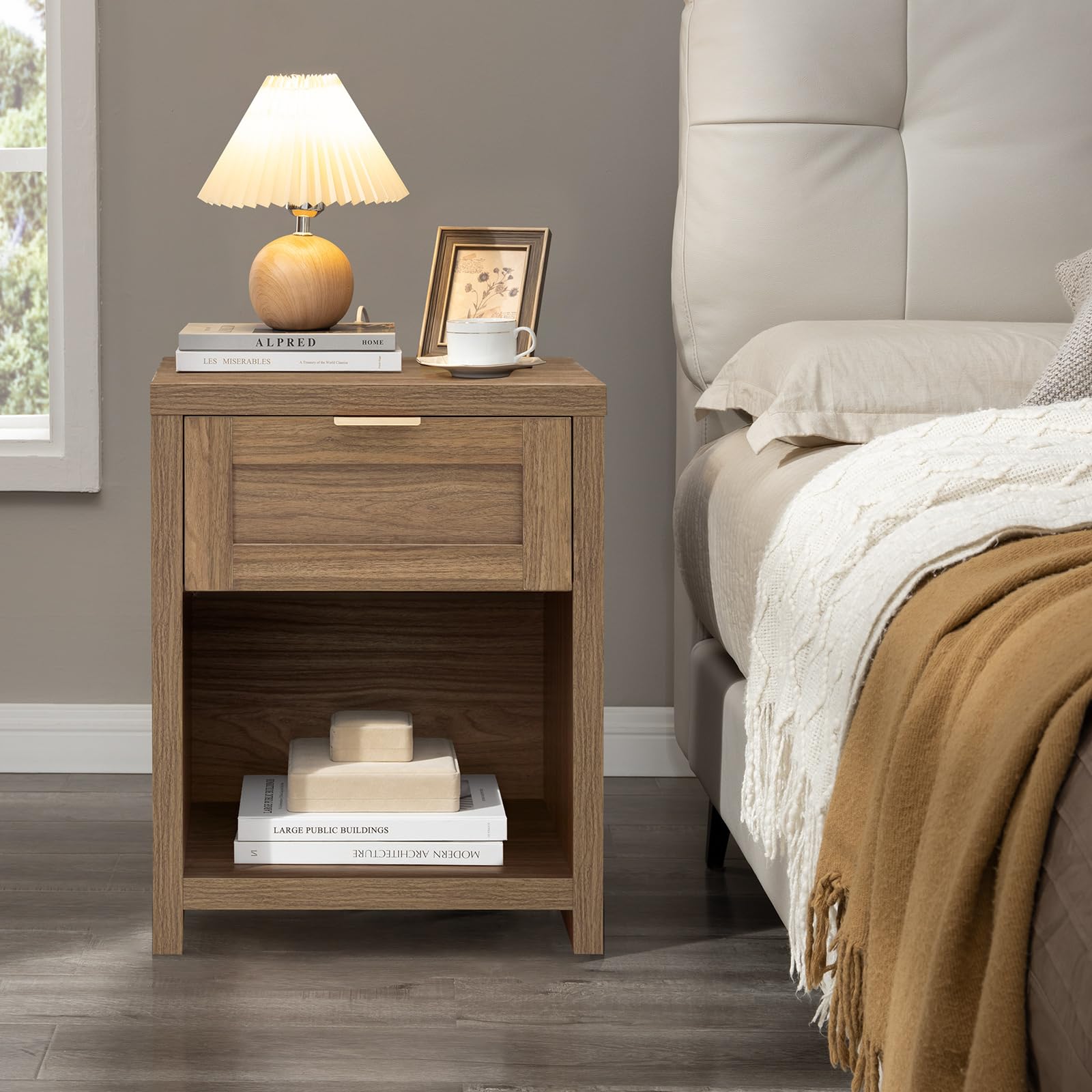 OAKHAM HOME Nightstand Set of 2 Farmhouse Bedside Tables with Drawer and Storage Shelf Modern Boho End Side Tables for Bedroom Sofa, Light Oak