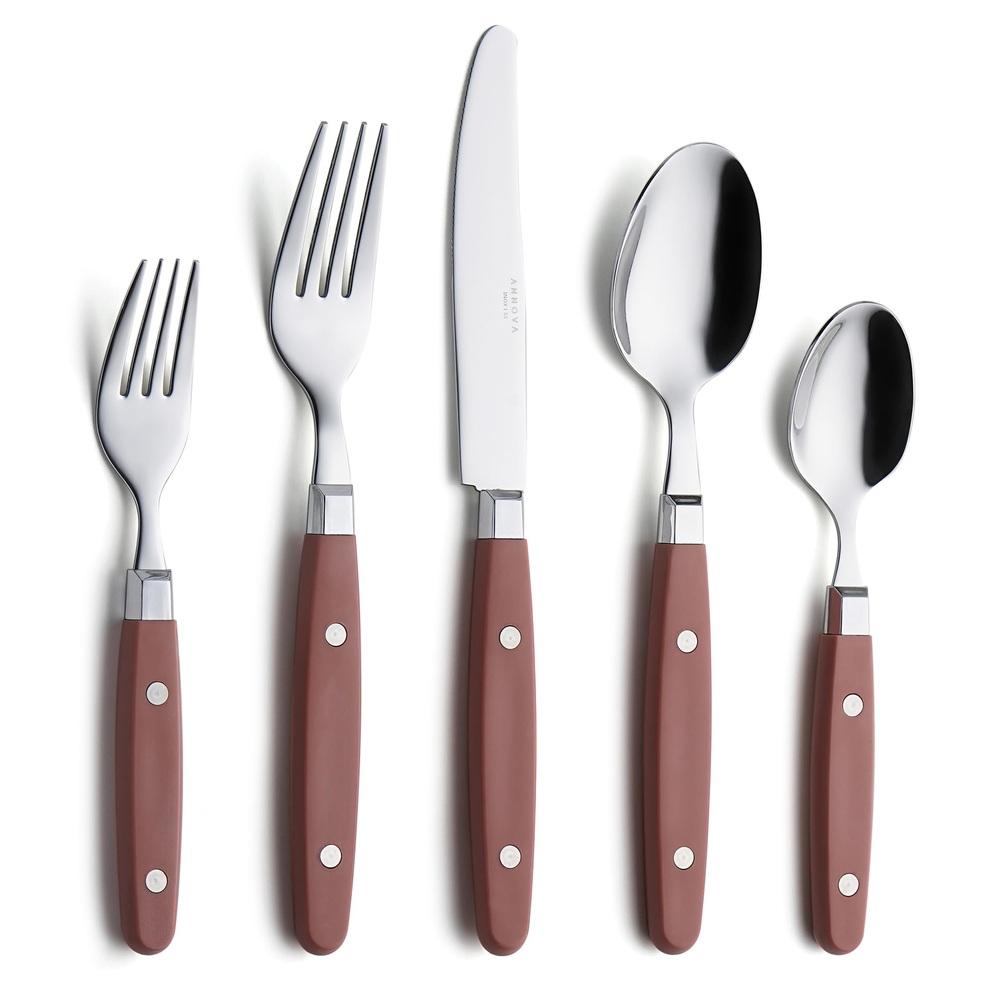 ANNOVA Silverware Set, Retro/Rivet Colorful Stainless Steel Tableware Kitchen Flatware Set Utensils, Includes Dinner Knives, Forks, Spoons, Salad Forks & Dessert Spoons (Brown, 20 Pieces)