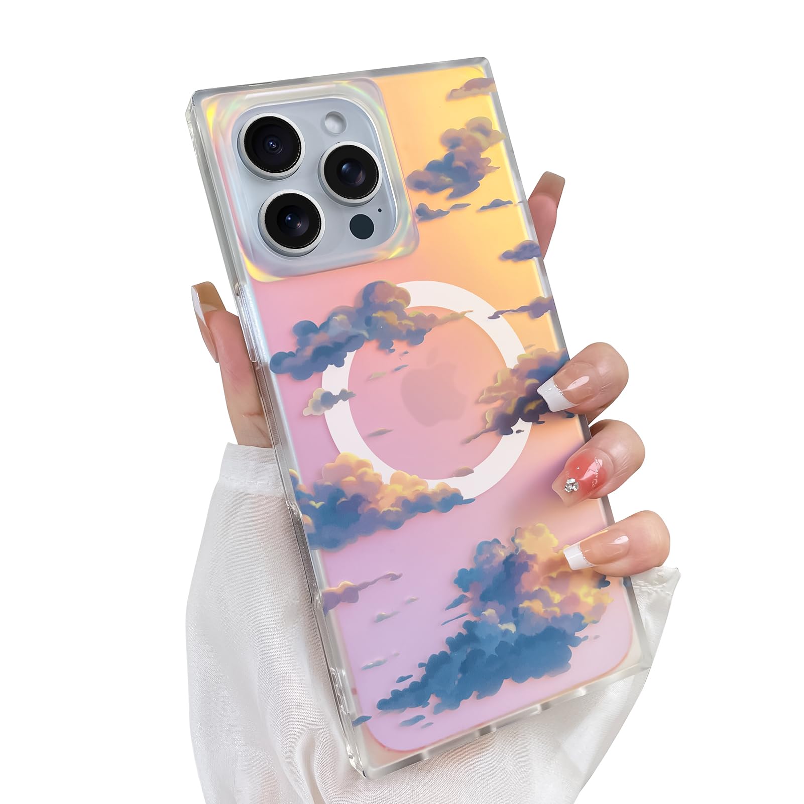 Cute Case for iPhone 13 Pro Case for Women Girls with Iridescent Cloud Pattern Design, Aesthetic Trendy Girly Matte Glitter Sparkly Rainbow Rectangle Protective Phone Cover, Sun Set Sky