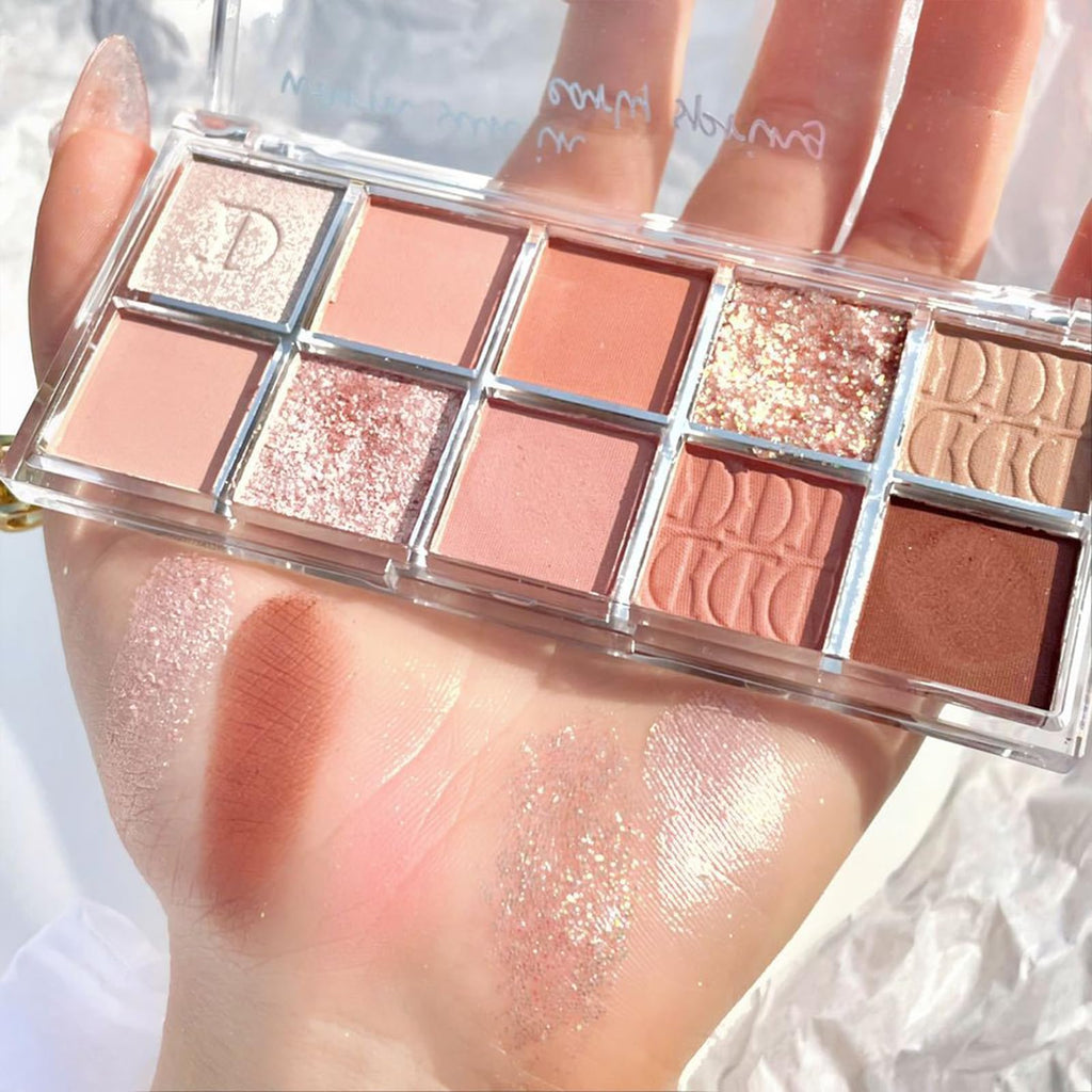 Erinde 10 Colors Eyeshadow Palette Makeup - Matte Shimmer Glitter Eye Shadow Korean Makeup, Ultra-Blendable, High Pigmented, Natural-Looking, Peach Brown Eyeshadow Pallet with Brush, Peach Color