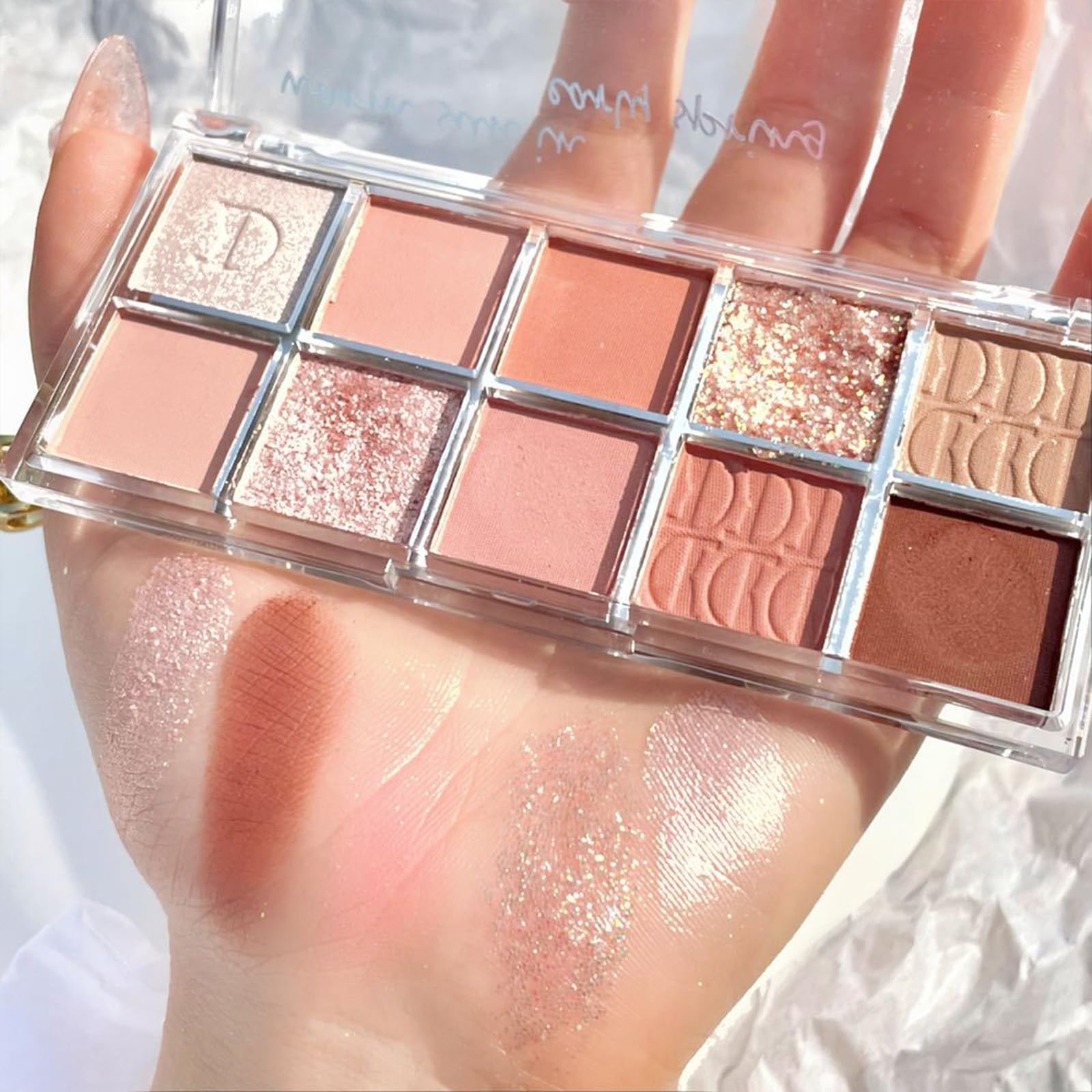 Erinde 10 Colors Eyeshadow Palette Makeup - Matte Shimmer Glitter Eye Shadow Korean Makeup, Ultra-Blendable, High Pigmented, Natural-Looking, Peach Brown Eyeshadow Pallet with Brush, Peach Color