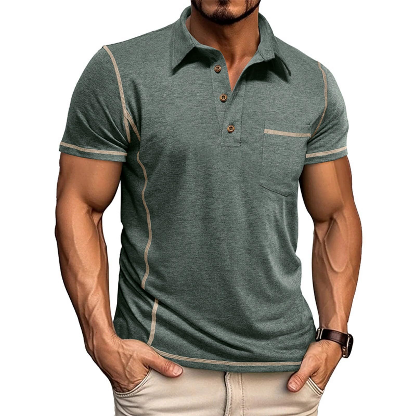 Men's Casual Long Sleeve Polo Shirts Collared Button Cotton T-Shirt Classic Stylish Golf Shirt with Pocket