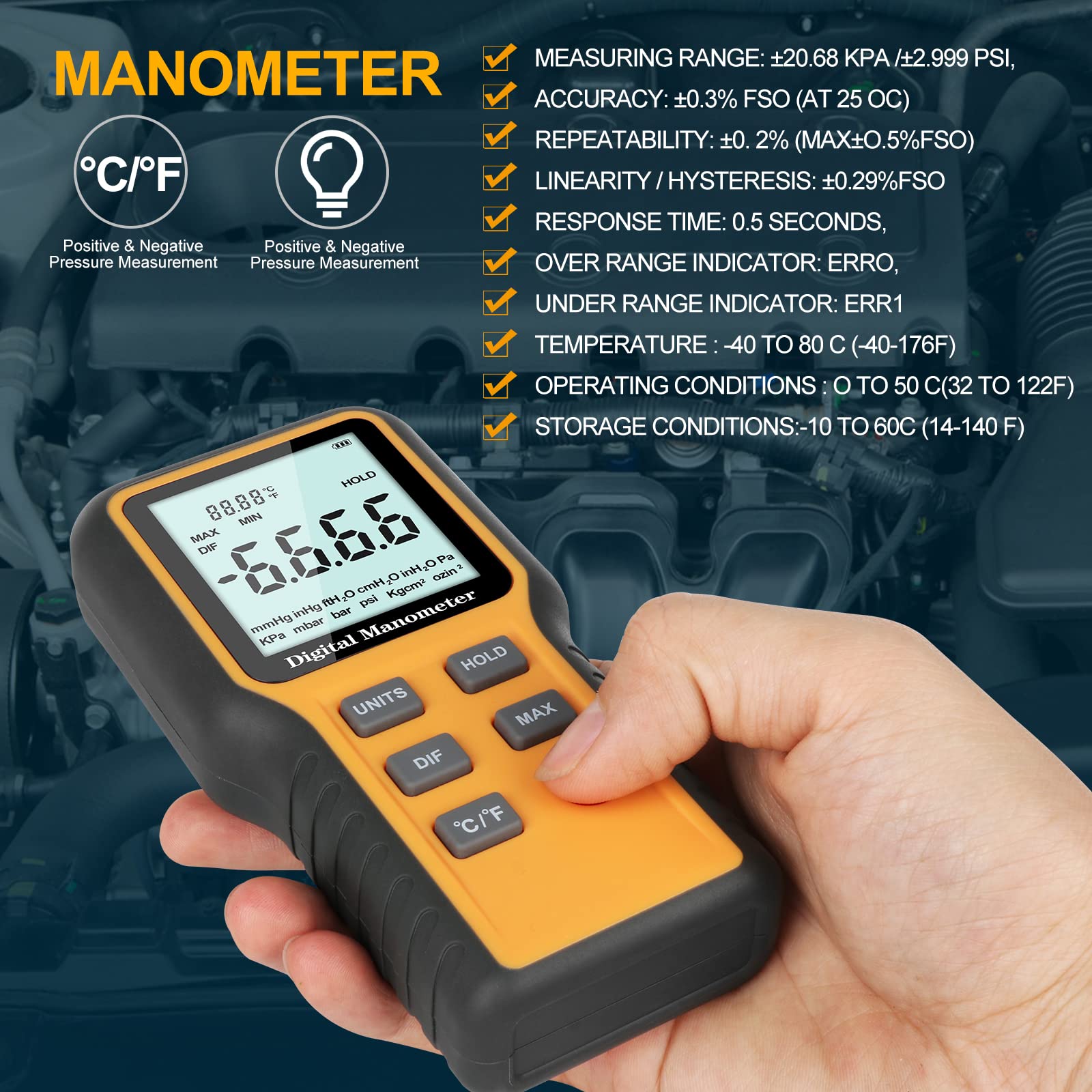 Manometer, Professional Air Pressure Meter, Dual-Port HVAC Digital Manometer Gas Pressure Tester,12 Selectable Units Differential Pressure Gauge, (Included Battery)