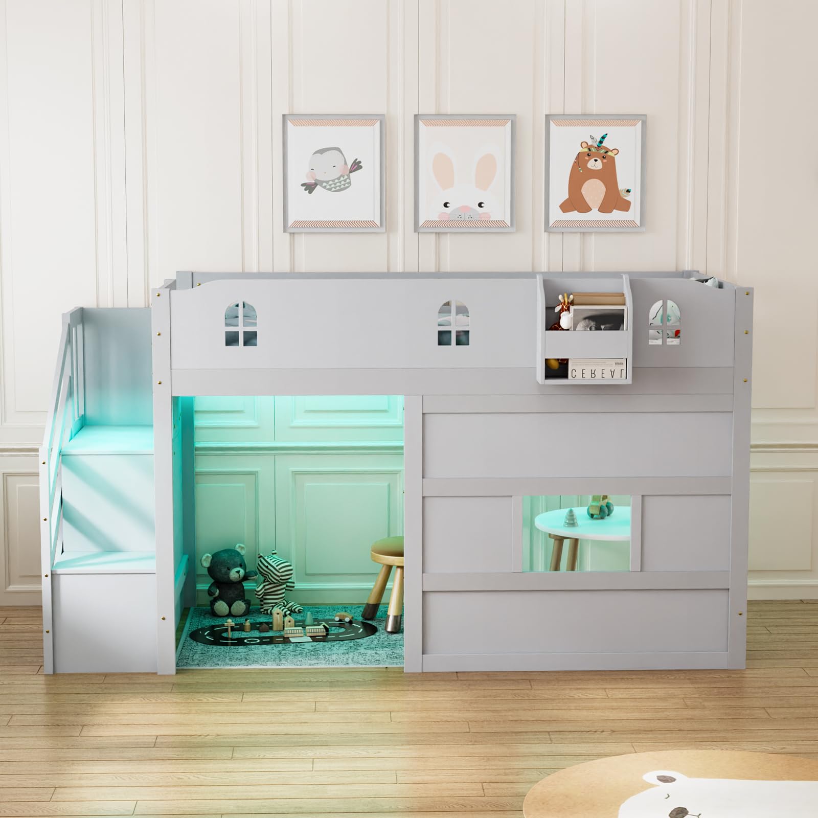 JOYMOR Low Loft Bed Twin Size with LED Lights, 4 Storage Shelves, Removable Curtain, Kids Wood Loft Bed with 15" H Safety Guardrail, Spave Saving, Mattress Not Included (Gray)
