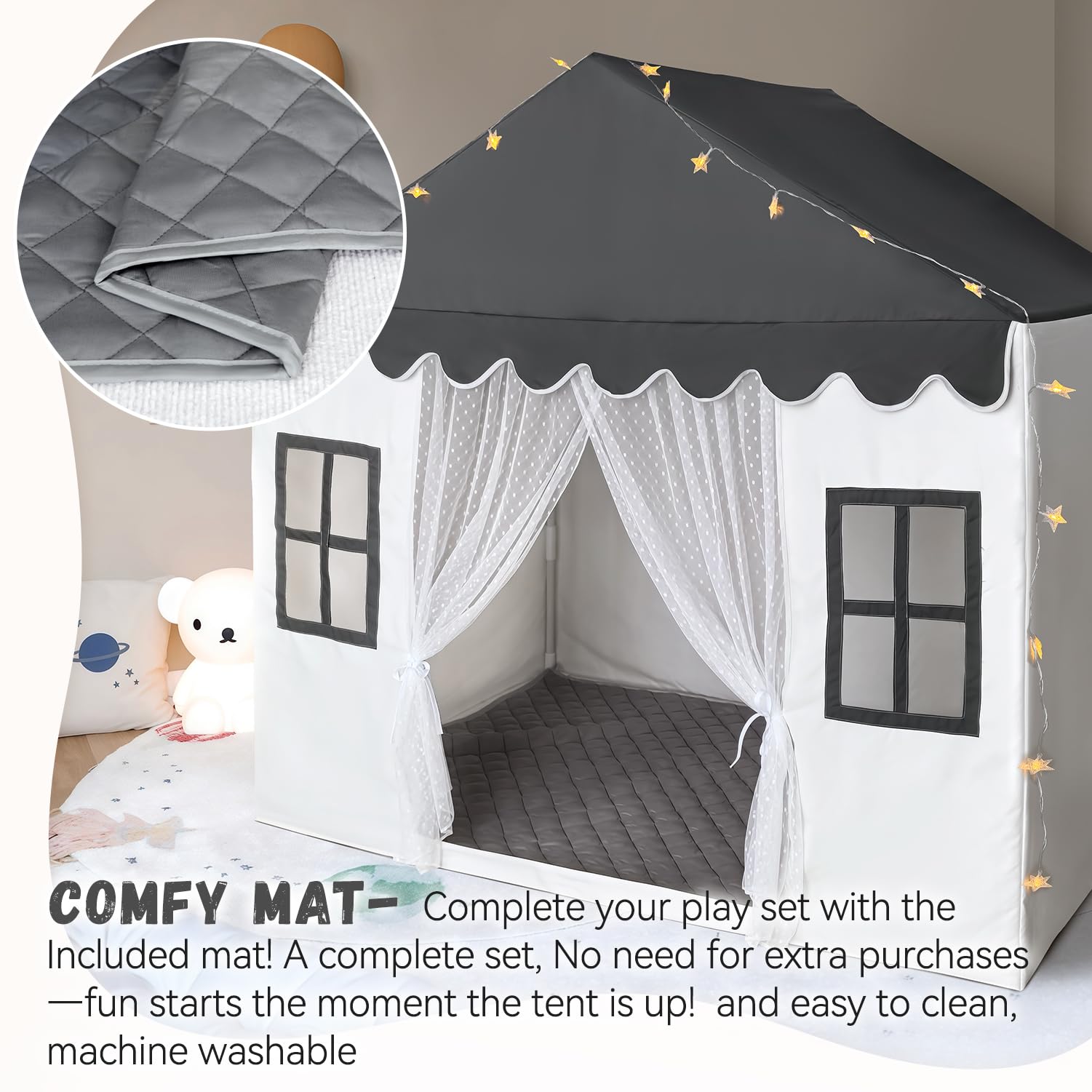Kids Play Tent with Mat, Large Playhouse Play Tent Indoor for Girls Boys | Kids Play Playhouse Tent Ages 4-8 for Toddlers Children Boy Girl Play House Toy Birthday Gift, Washable, 57" x 35.5" x 53"