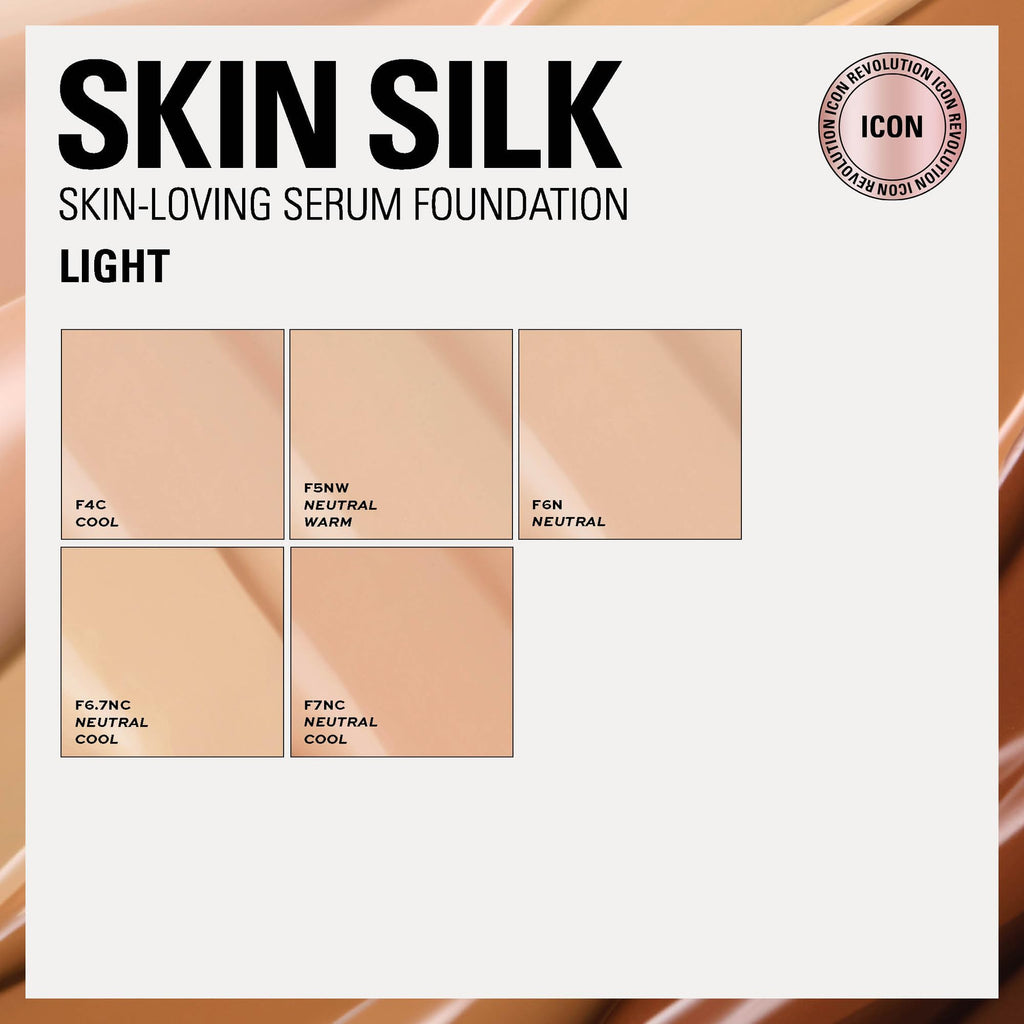 Revolution Skin Silk Radiant Satin Serum Foundation, Buildable Coverage with Hydrating Hyaluronic Acid for a Natural Finish, Vegan & Cruelty-Free, F0.5C Fair Skin Tones, 0.77 fl oz