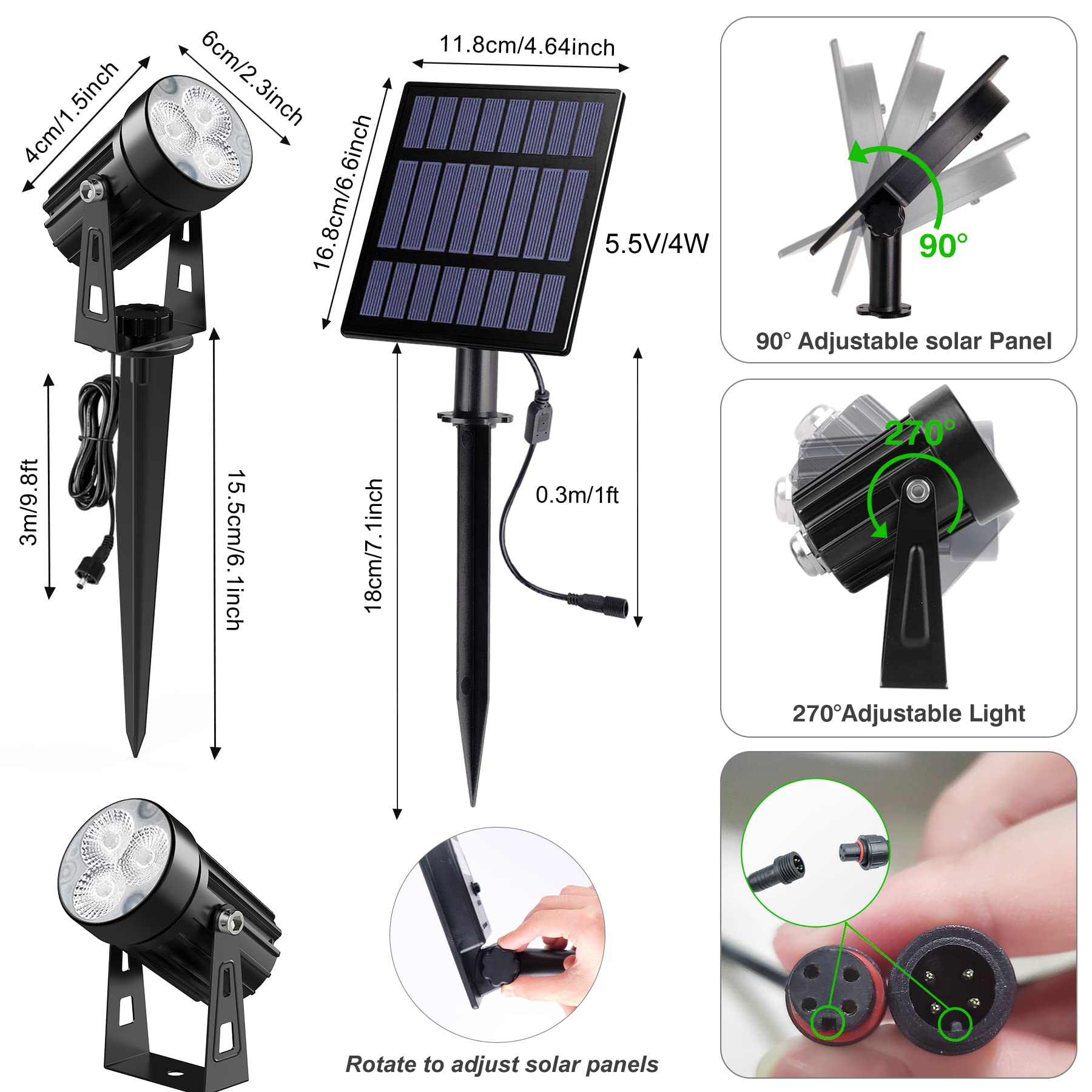 Solar Spot Lights Outdoor, Solar Landscape Spotlights IP65 Waterproof 9.8ft Cable,Auto On/Off Outdoor Wall Lights for Garden Yard Driveway Porch Walkway Pool (3000K Warm White)
